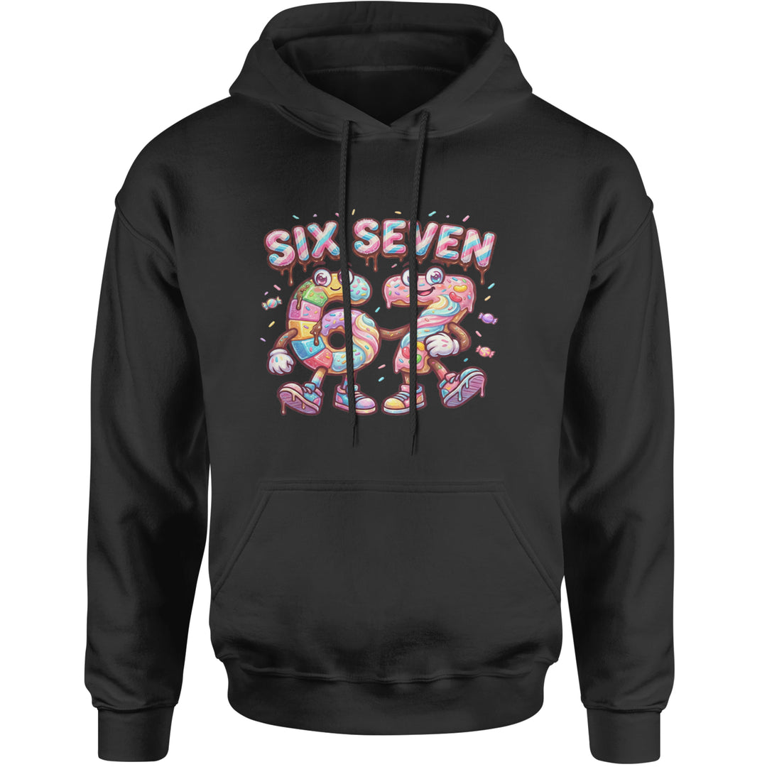 Candy meme graphic with drippy chocolate letters and frosted 6 and 7 donut characters on a Unisex Heavyweight Fleece Pullover Hoodie