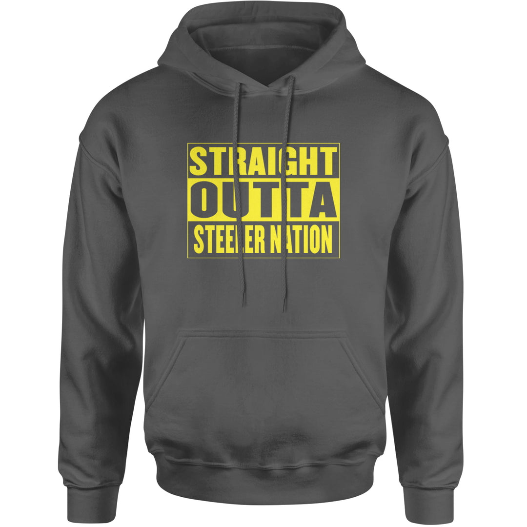 Straight Outta Steeler Nation Football graphic on Unisex Heavyweight Fleece Pullover Hoodie in Charcoal Grey