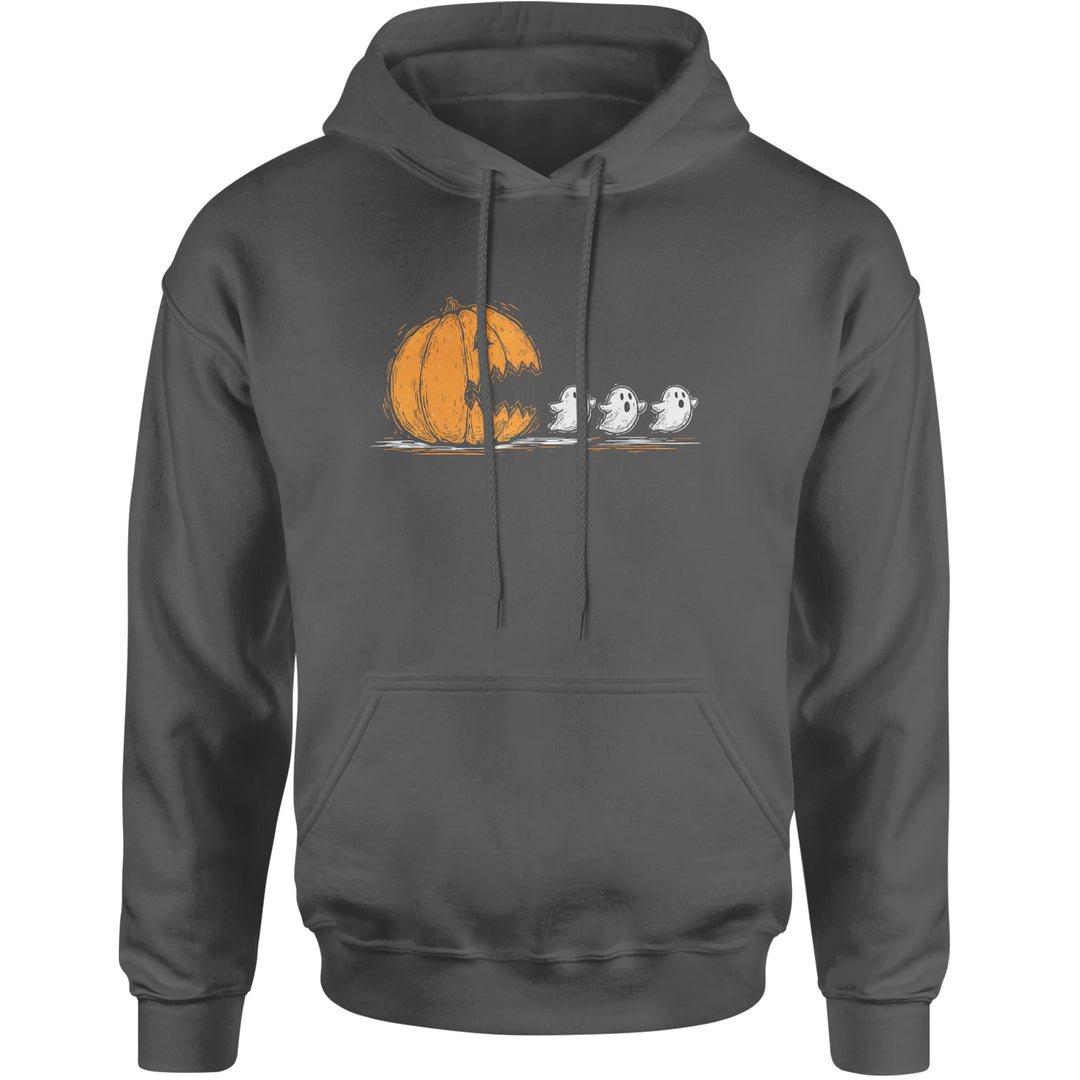 Pumpkin Pacman Chasing Ghosts Halloween Adult Hoodie Sweatshirt Charcoal Grey