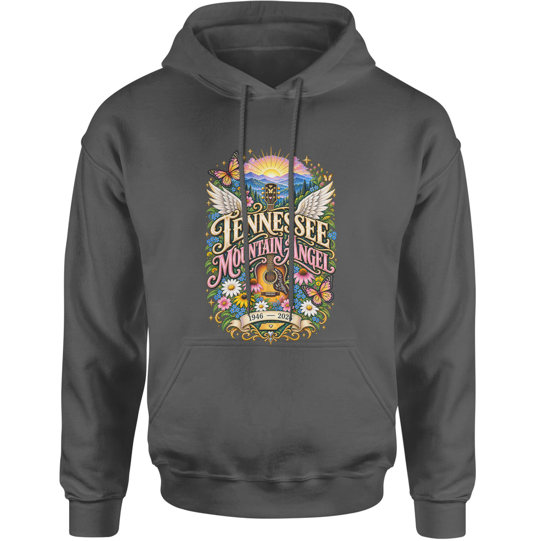 Tennessee Mountain Angel Wings Dolly Adult Hoodie Sweatshirt Charcoal Grey
