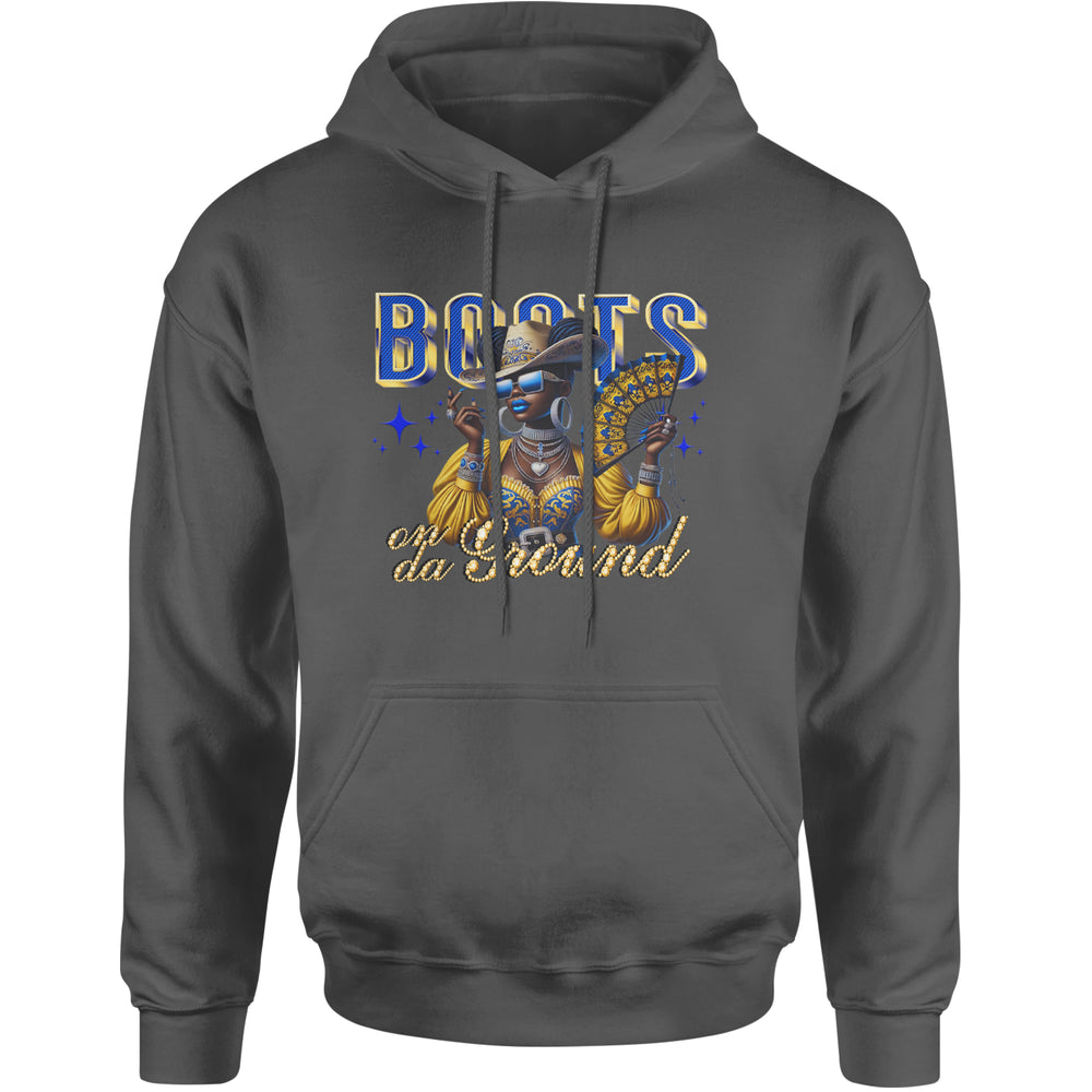 Boots On Da Ground Folding Fan graphic on Unisex Heavyweight Fleece Pullover Hoodie in Charcoal Grey