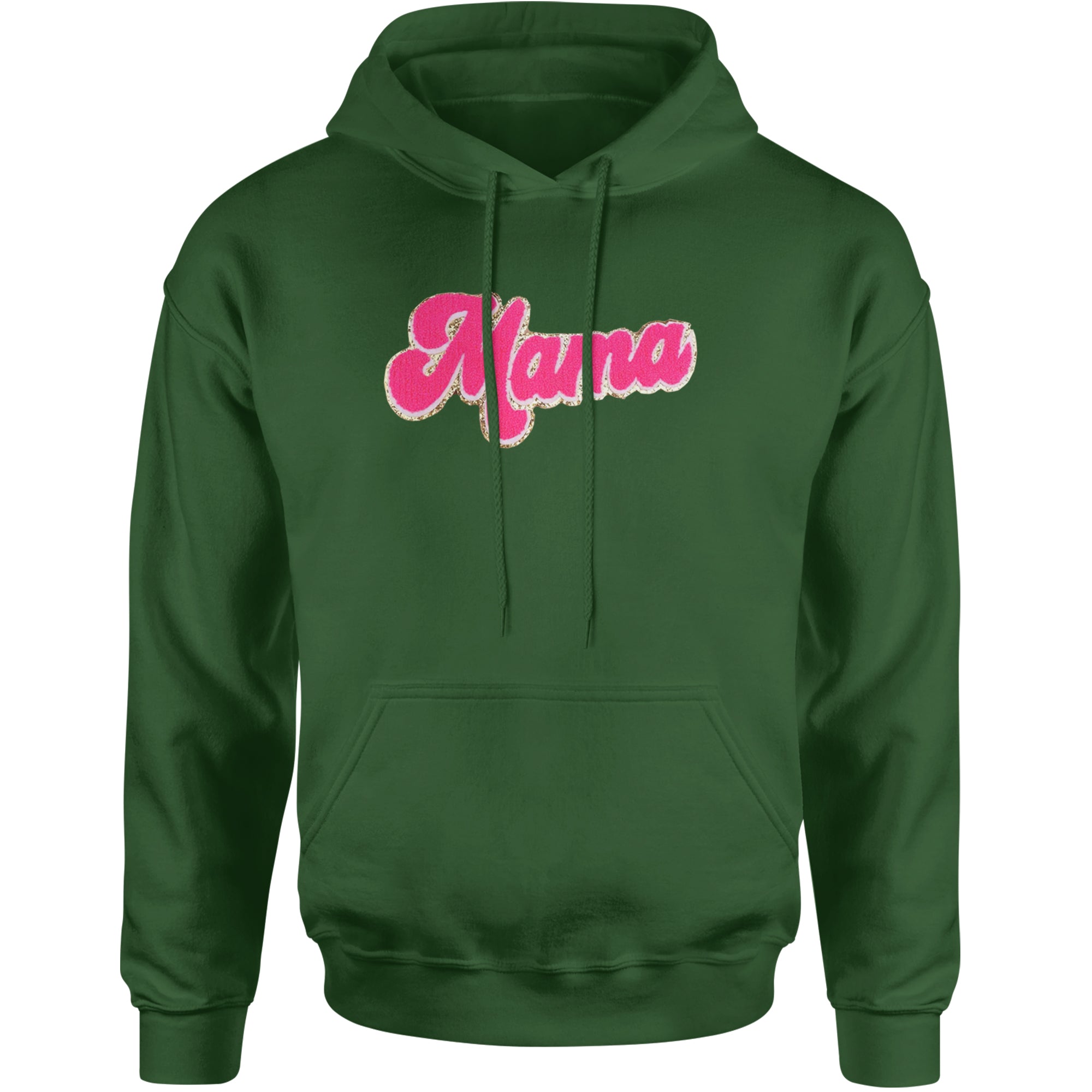 Mama Hot Pink Glitter Chenille Patch Adult Hoodie Sweatshirt Forest Green