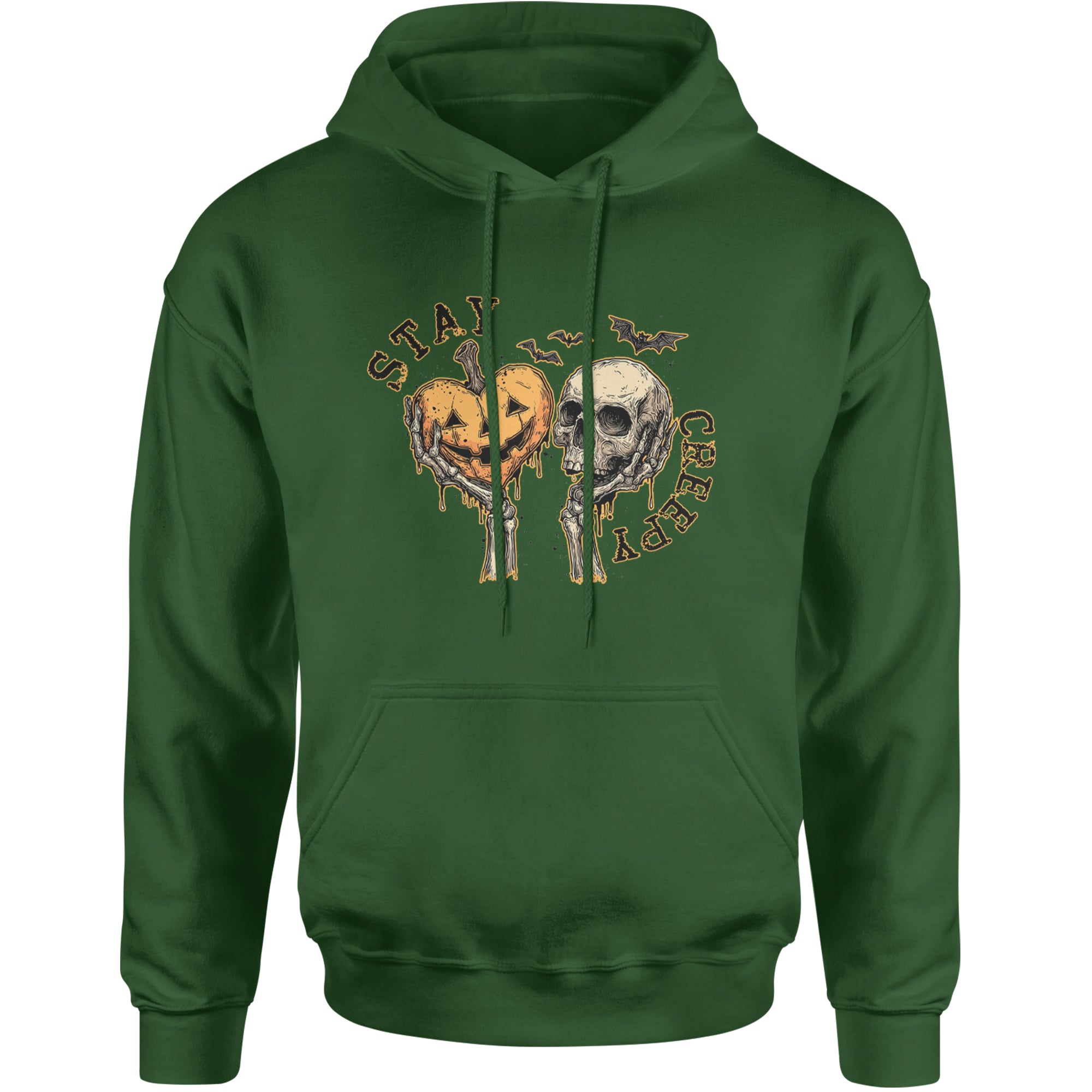 Stay Creepy Skull and Pumpkin Halloween Adult Hoodie Sweatshirt Forest Green