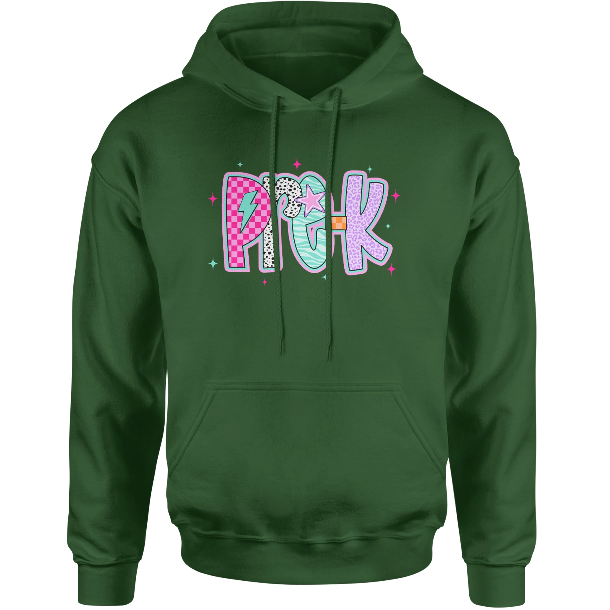 Pre-K Party Time Colorful Back to School Adult Hoodie Sweatshirt Forest Green