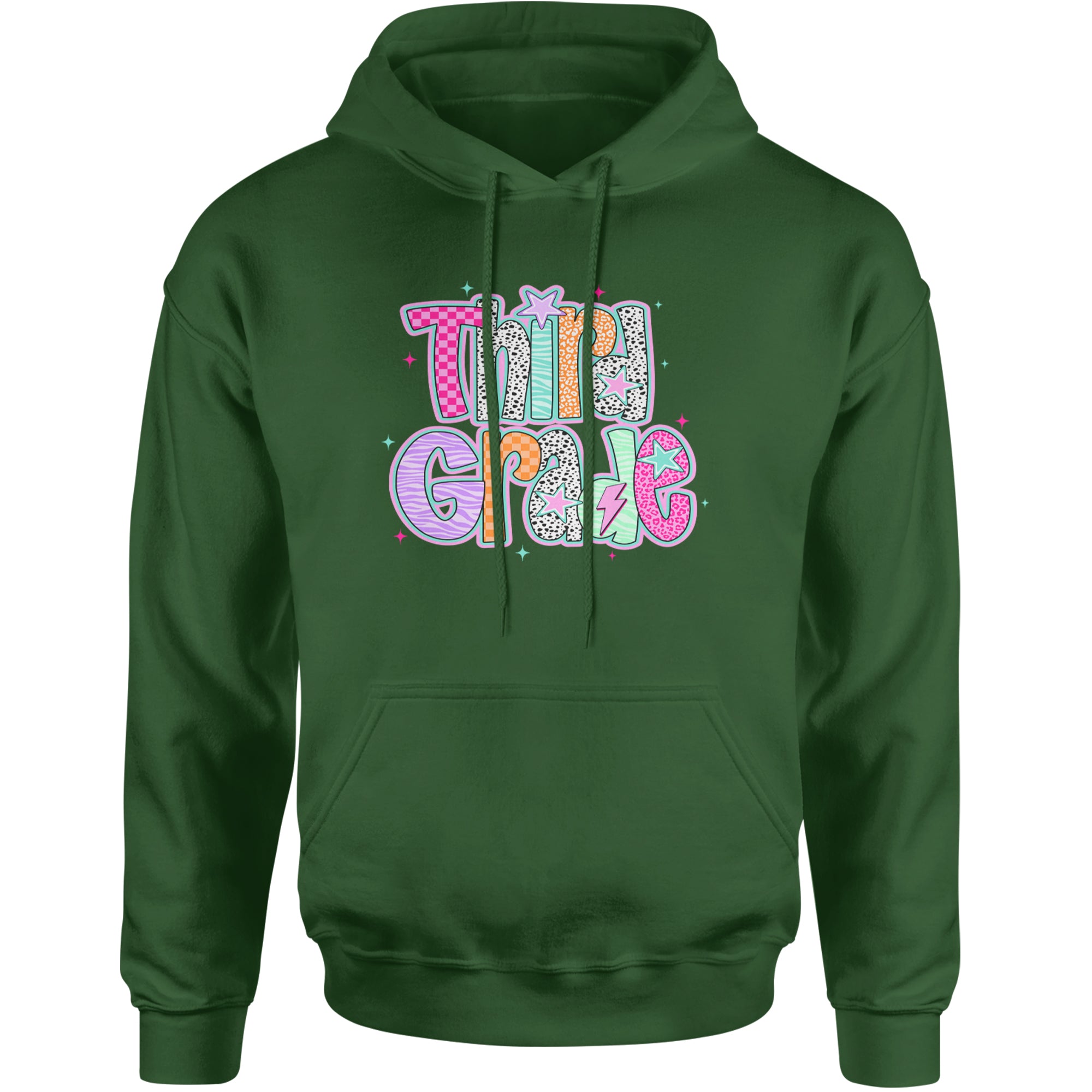 Third Grade Thunder Colorful Back to School Adult Hoodie Sweatshirt Forest Green