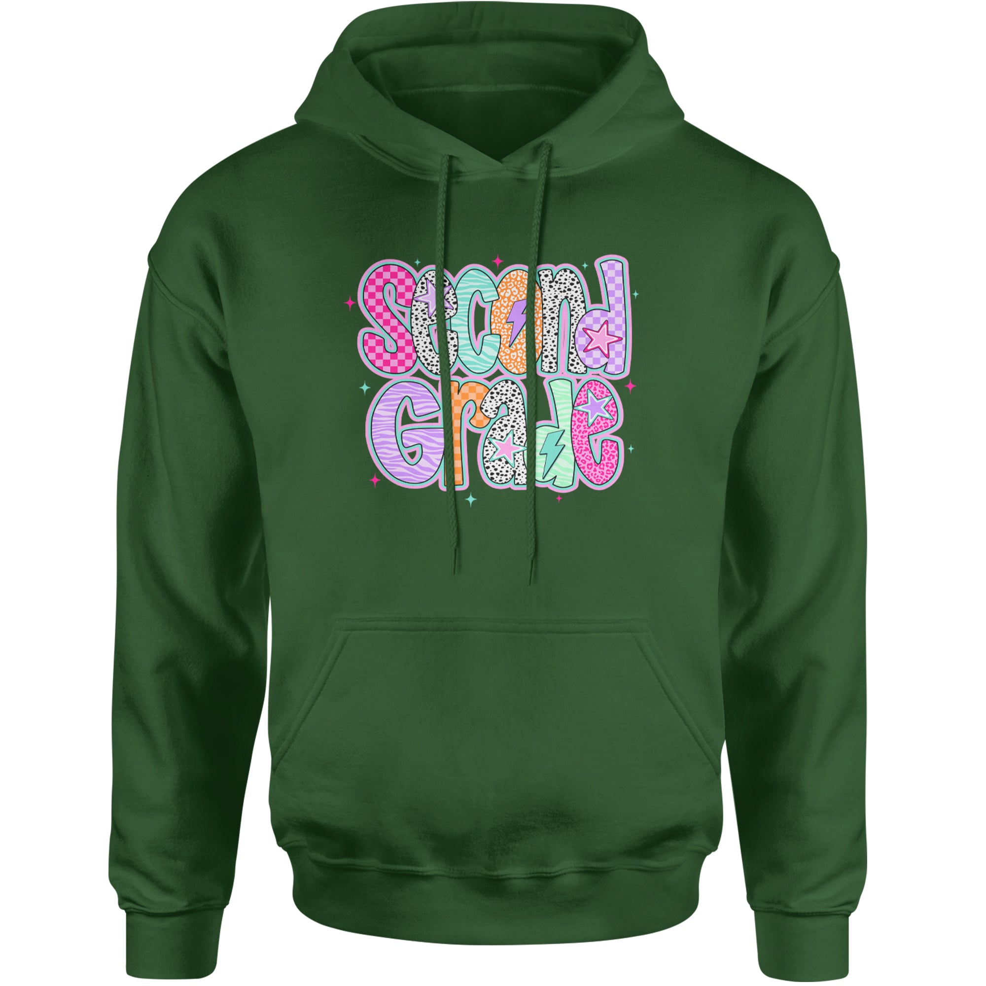 Second Grade Star Colorful Back to School Adult Hoodie Sweatshirt Forest Green