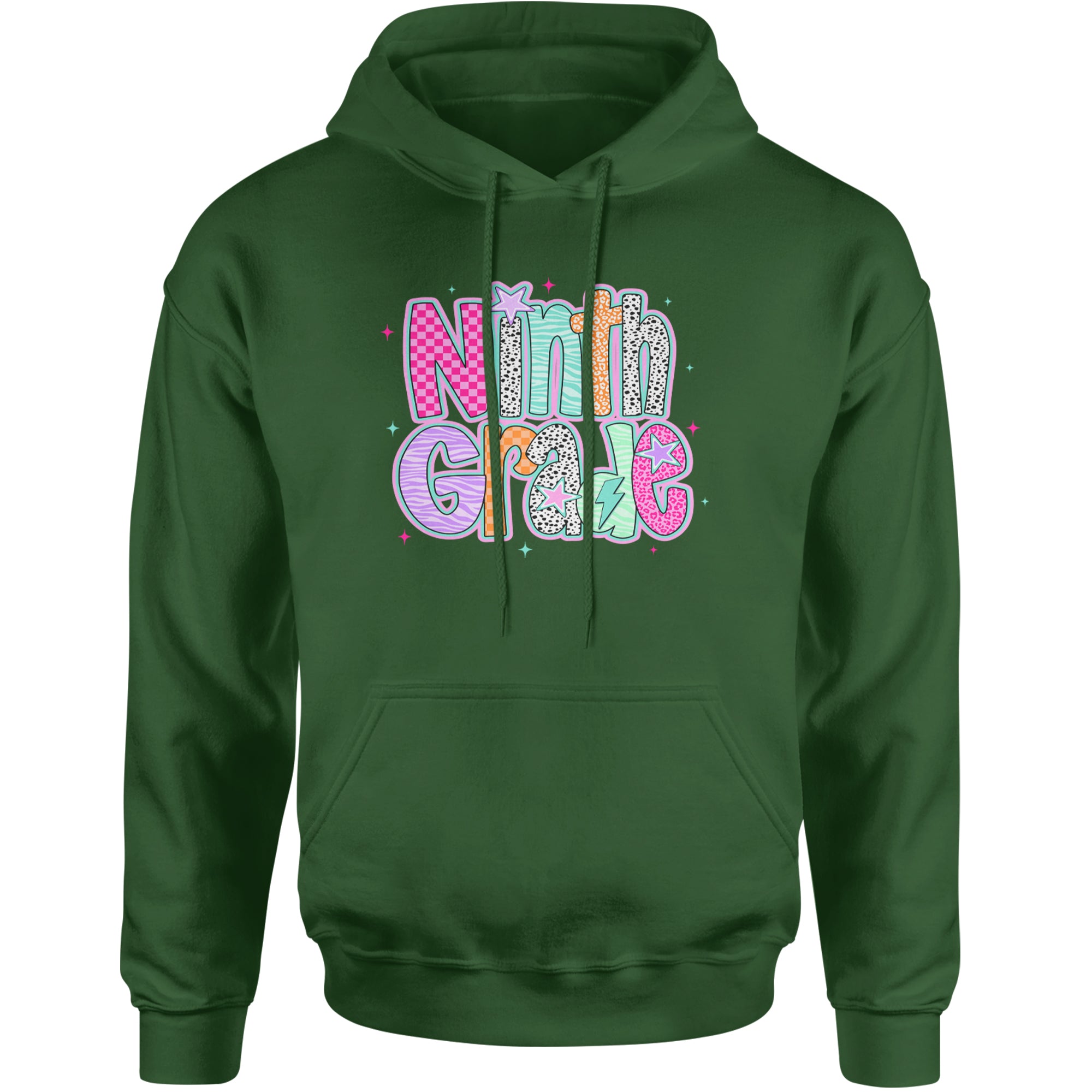 Ninth Grade Freshman Vibes Colorful Back to School Adult Hoodie Sweatshirt Forest Green
