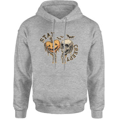 Stay Creepy Skull and Pumpkin Halloween Adult Hoodie Sweatshirt Heather Grey