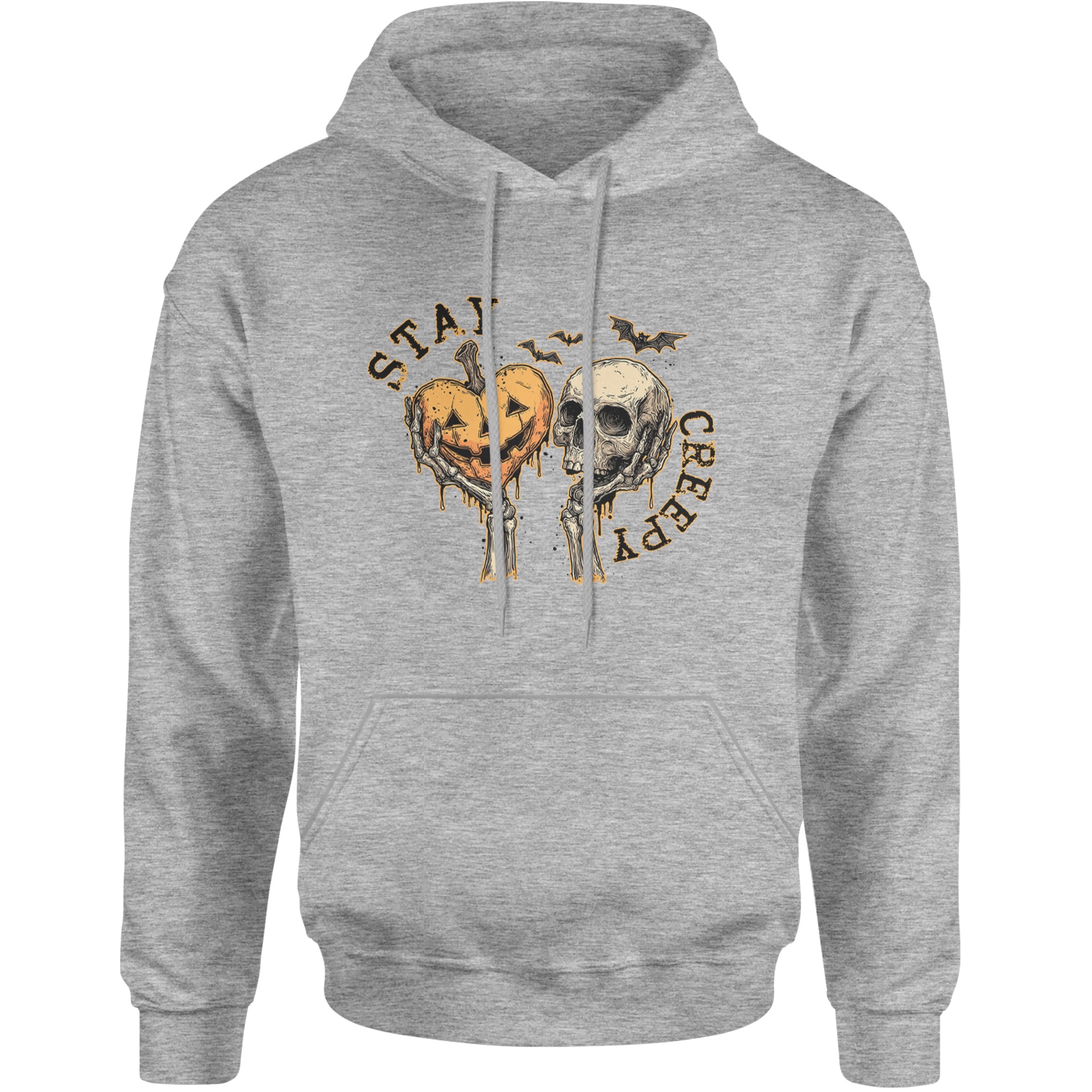 Stay Creepy Skull and Pumpkin Halloween Adult Hoodie Sweatshirt Heather Grey