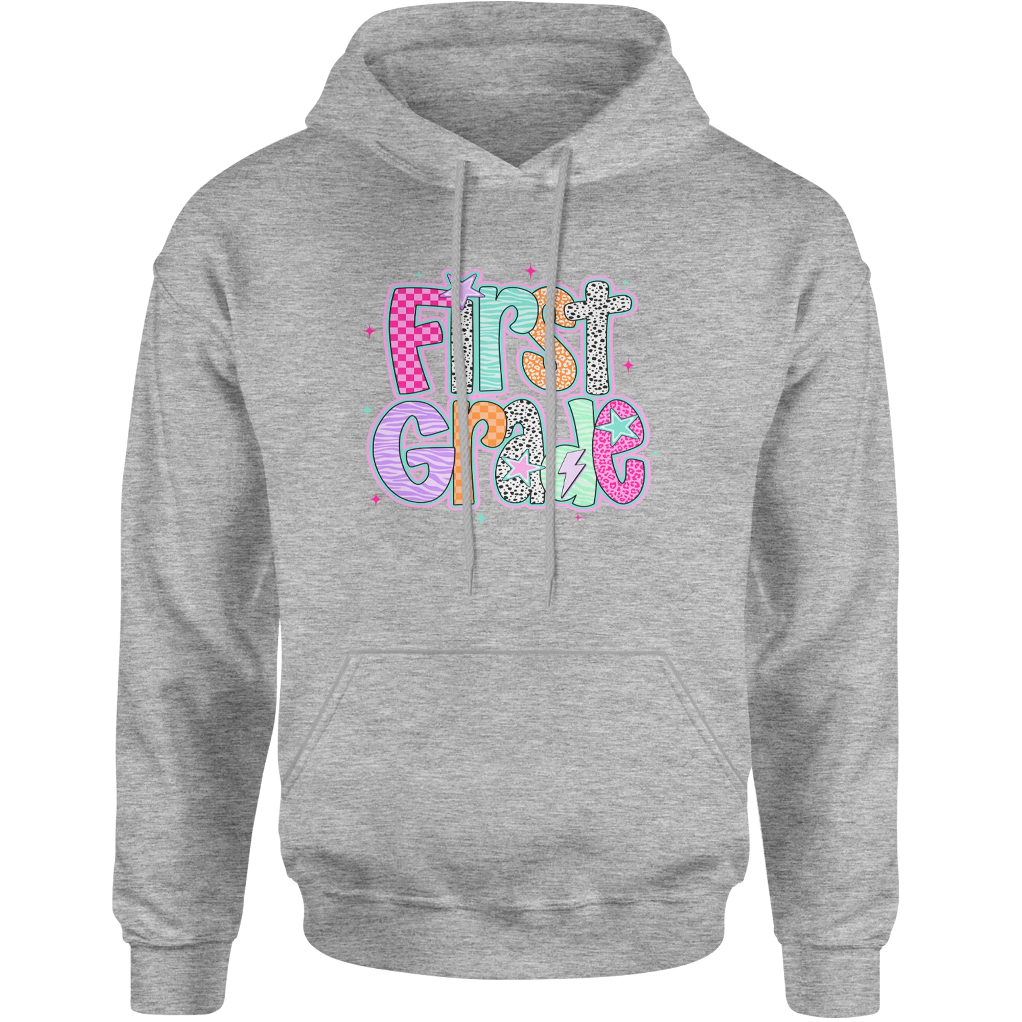 First Grade Vibes Colorful Back to School Adult Hoodie Sweatshirt Heather Grey