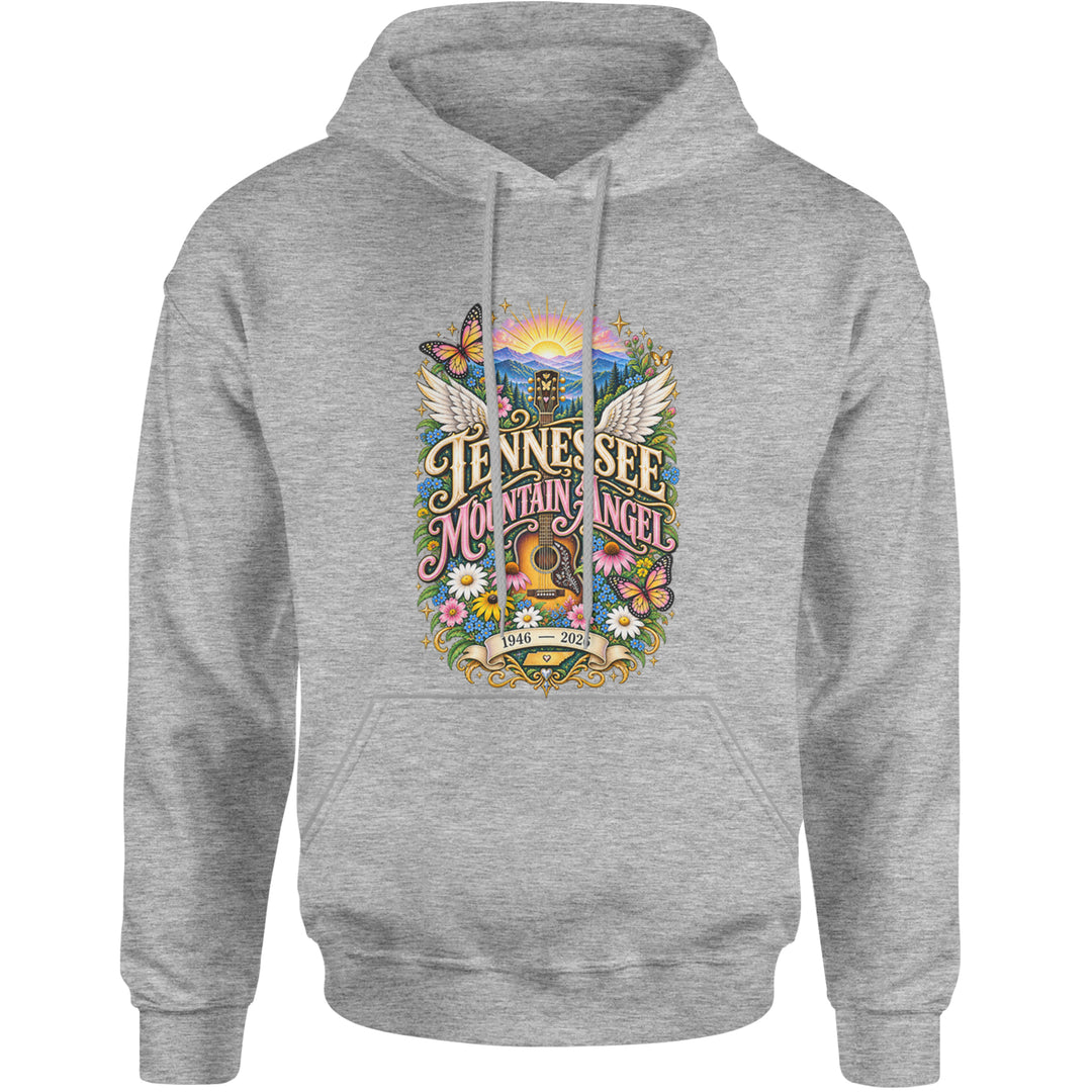 Tennessee Mountain Angel Wings Dolly Adult Hoodie Sweatshirt Heather Grey