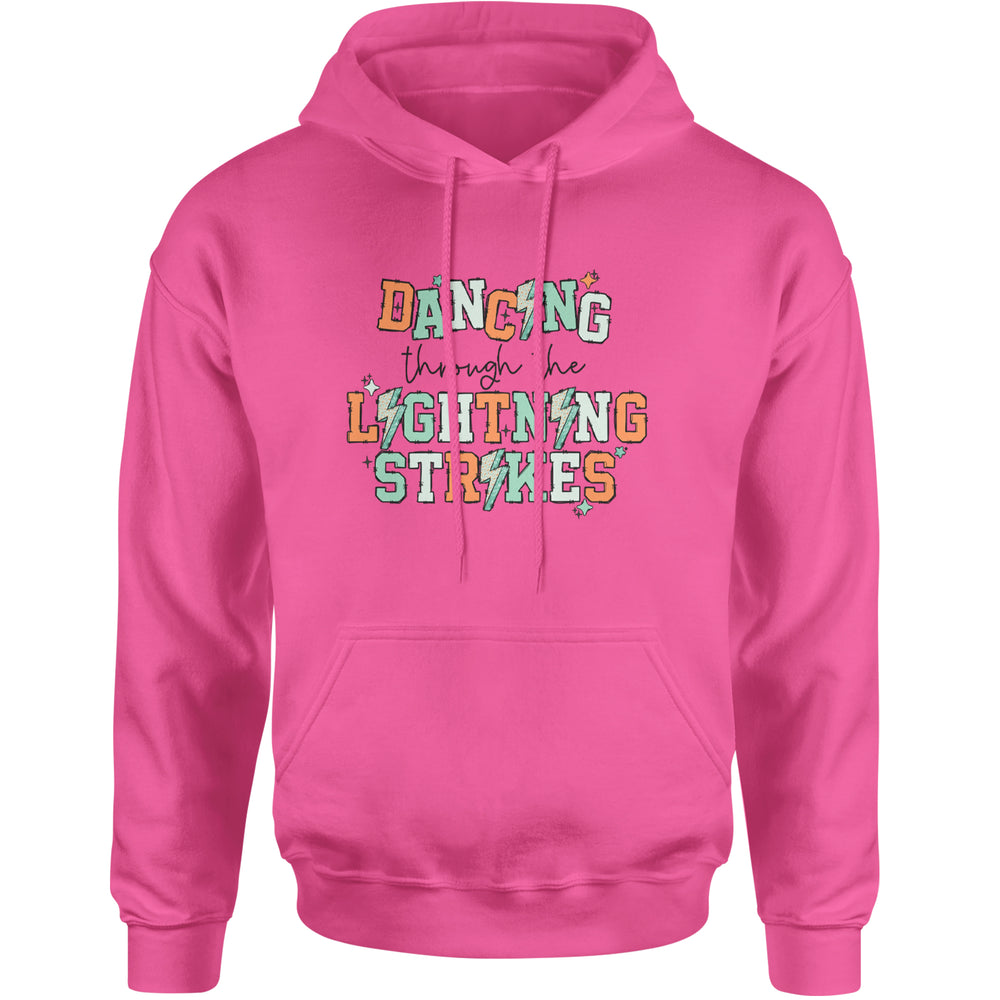Dancing Through The Lightning Strikes graphic on Unisex Heavyweight Fleece Pullover Hoodie in Hot Pink