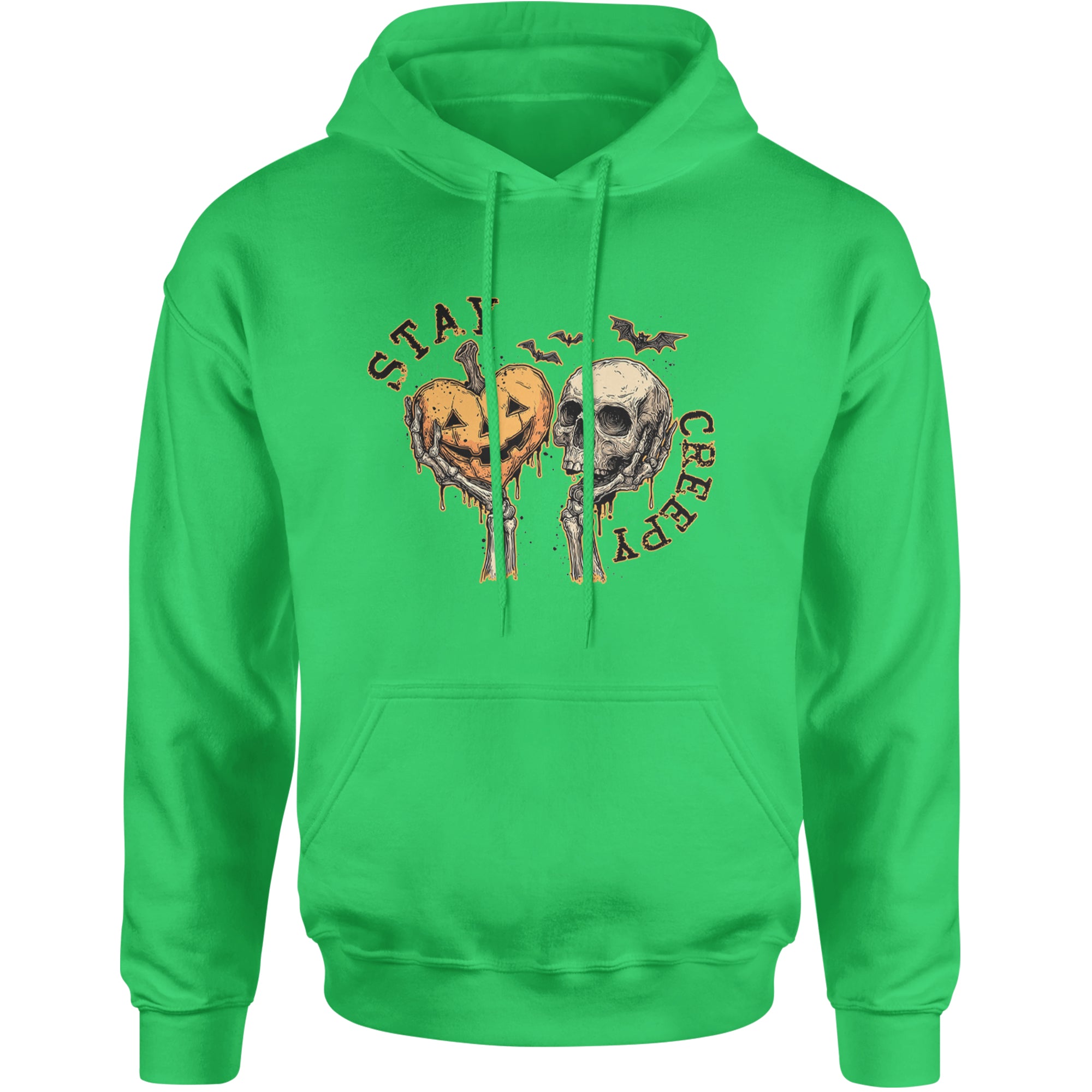 Stay Creepy Skull and Pumpkin Halloween Adult Hoodie Sweatshirt Kelly Green