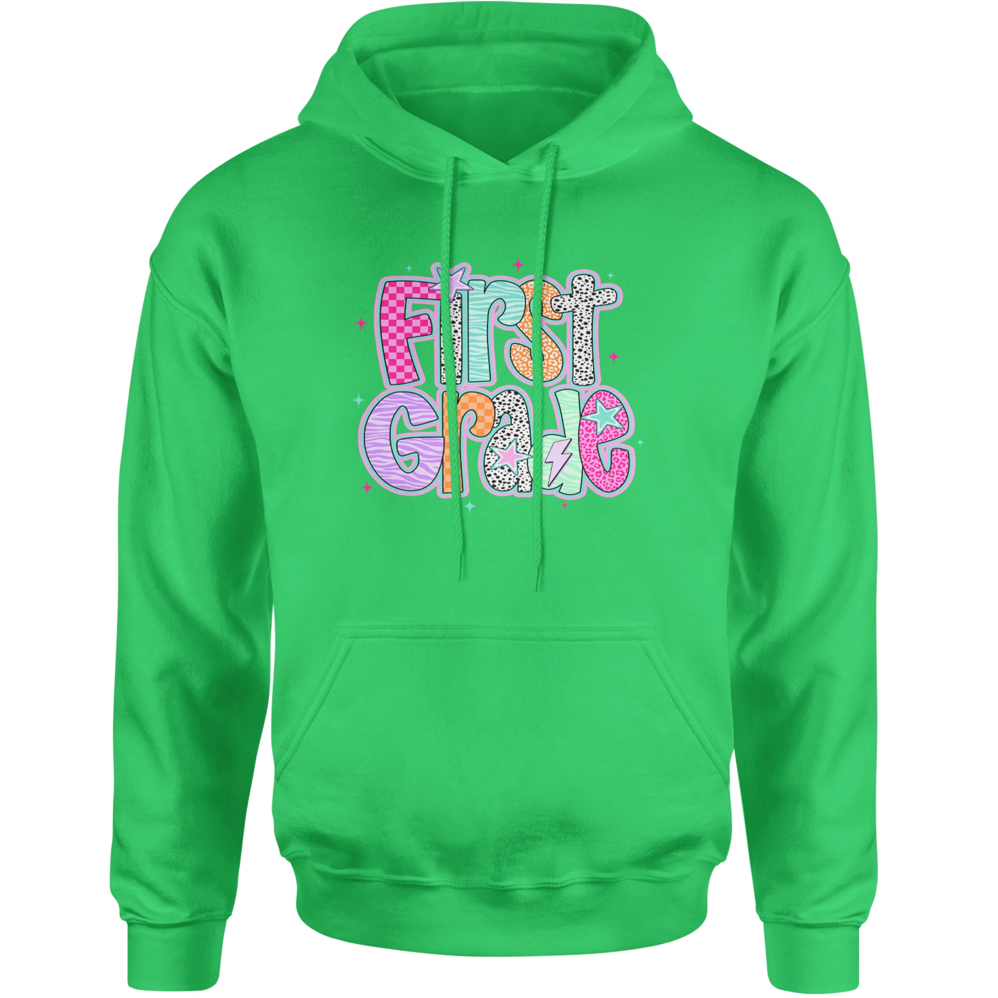First Grade Vibes Colorful Back to School Adult Hoodie Sweatshirt Kelly Green