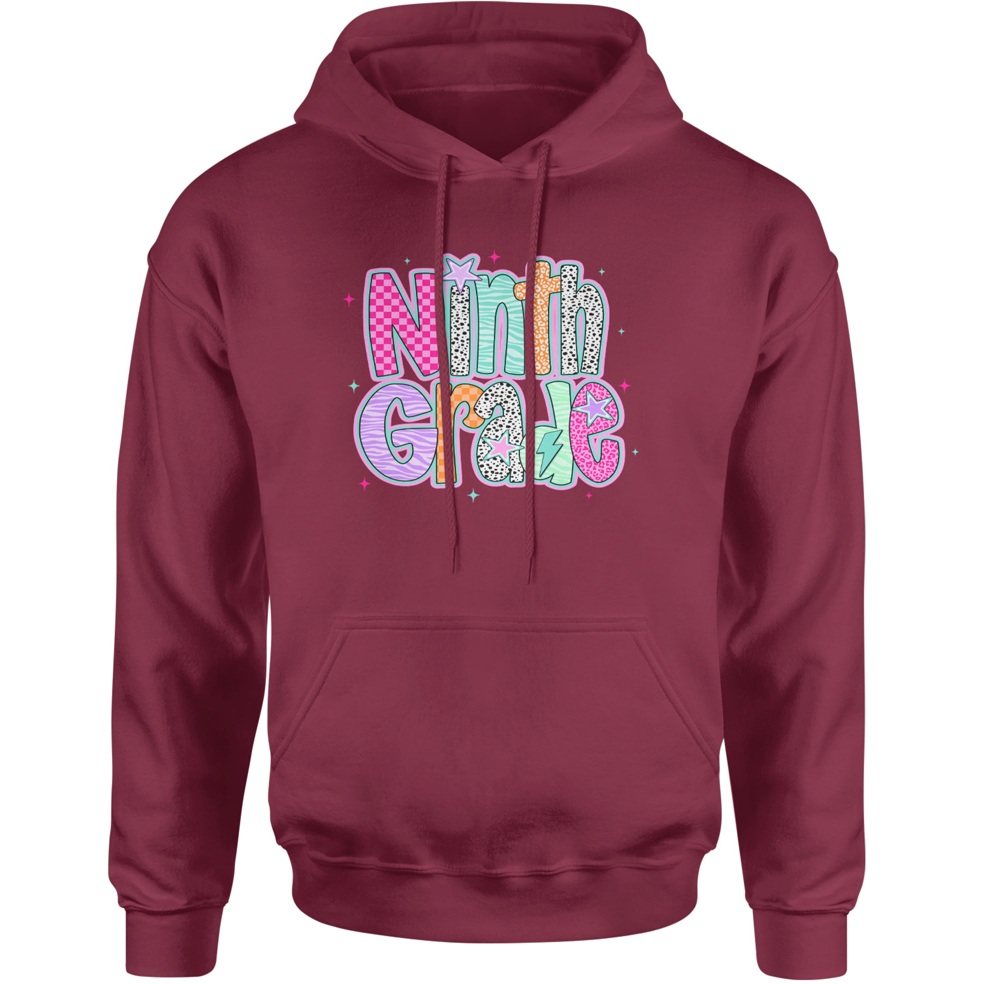Ninth Grade Freshman Vibes Colorful Back to School Adult Hoodie Sweatshirt Maroon