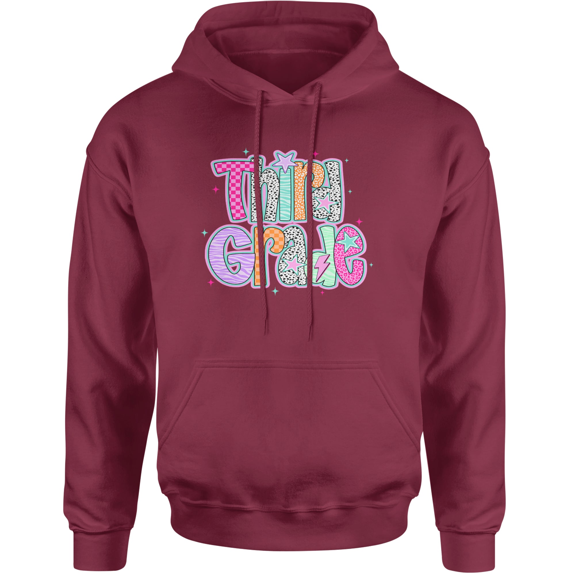 Third Grade Thunder Colorful Back to School Adult Hoodie Sweatshirt Maroon