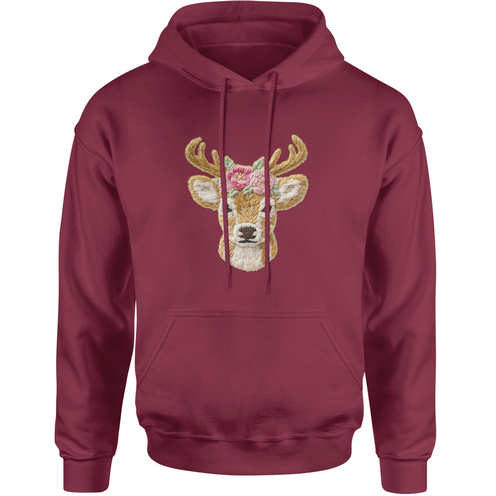 Vintage Reindeer Embroidery Art Soft Cottagecore Adult Hoodie Sweatshirt Maroon