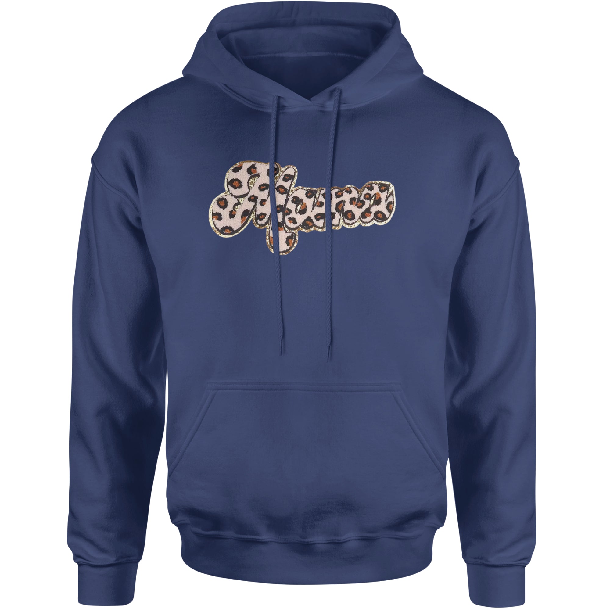 Mama Cheetah Print Glitter Chenille Patch Adult Hoodie Sweatshirt Navy Blue