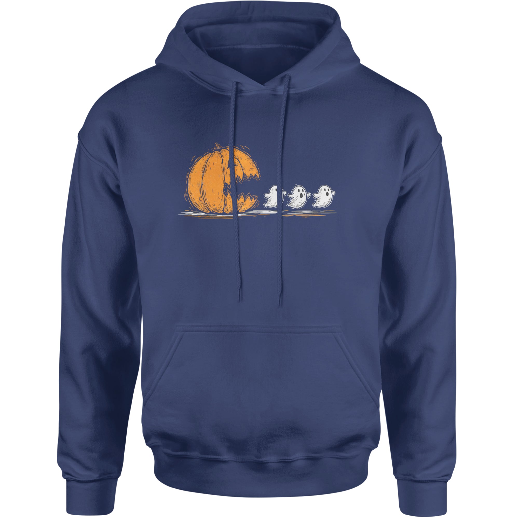 Pumpkin Pacman Chasing Ghosts Halloween Adult Hoodie Sweatshirt Navy Blue