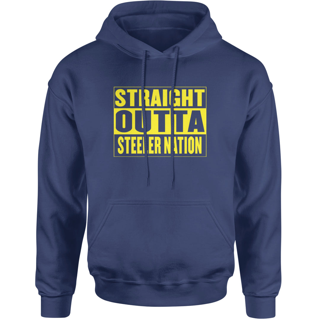 Straight Outta Steeler Nation Football graphic on Unisex Heavyweight Fleece Pullover Hoodie in Navy Blue