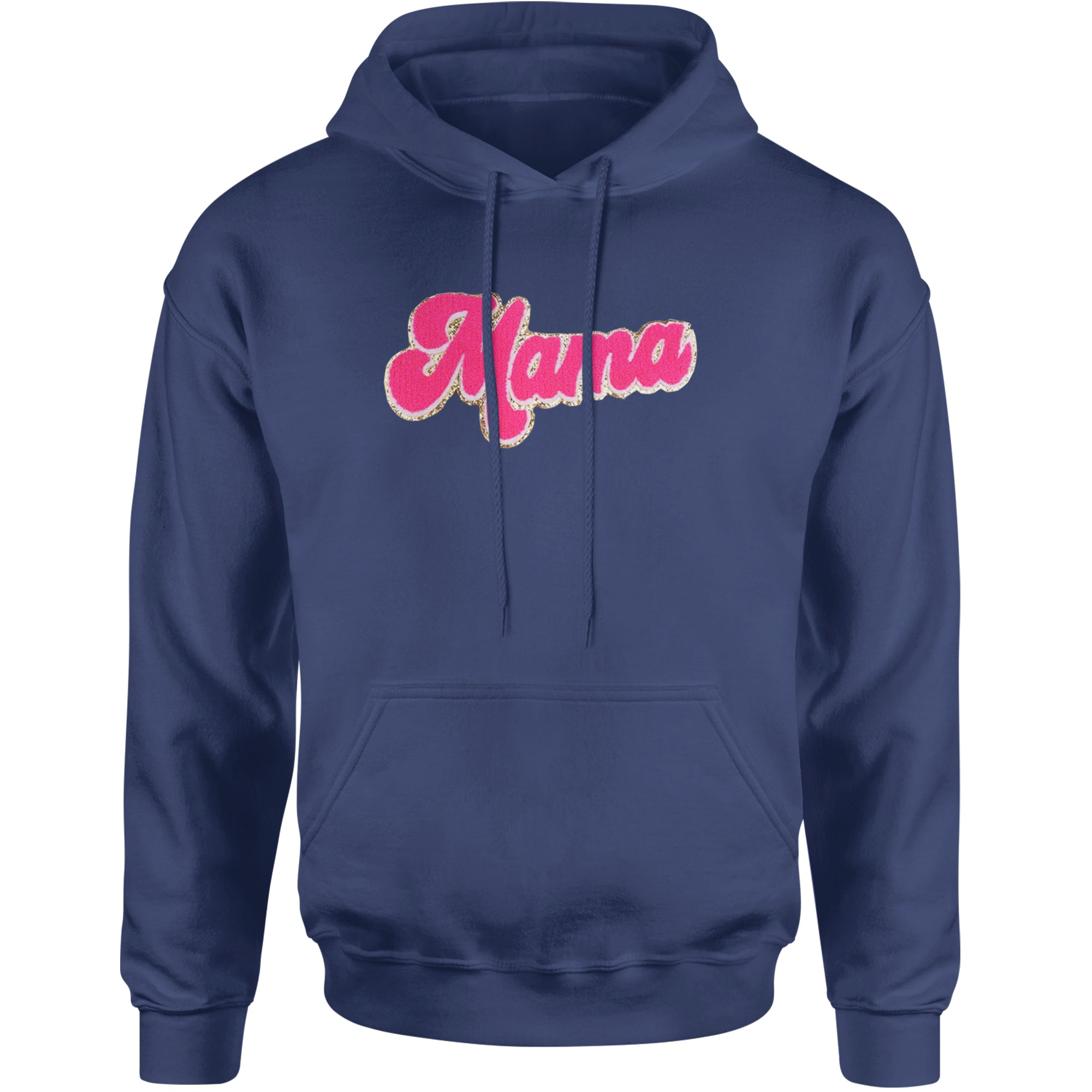 Mama Hot Pink Glitter Chenille Patch Adult Hoodie Sweatshirt Navy Blue