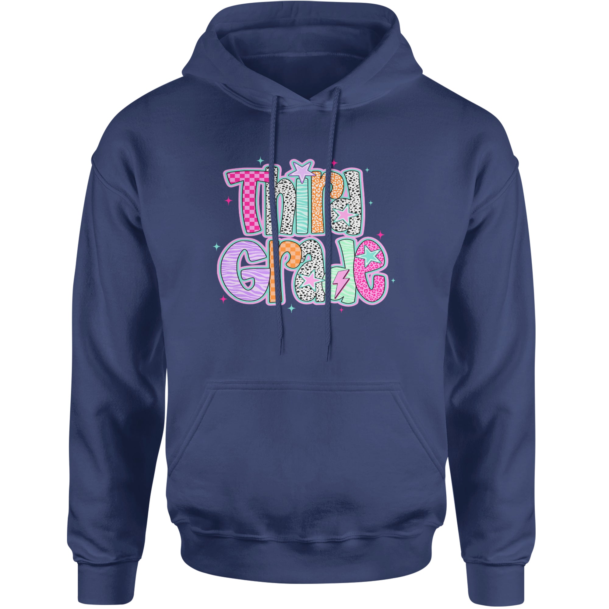 Third Grade Thunder Colorful Back to School Adult Hoodie Sweatshirt Navy Blue