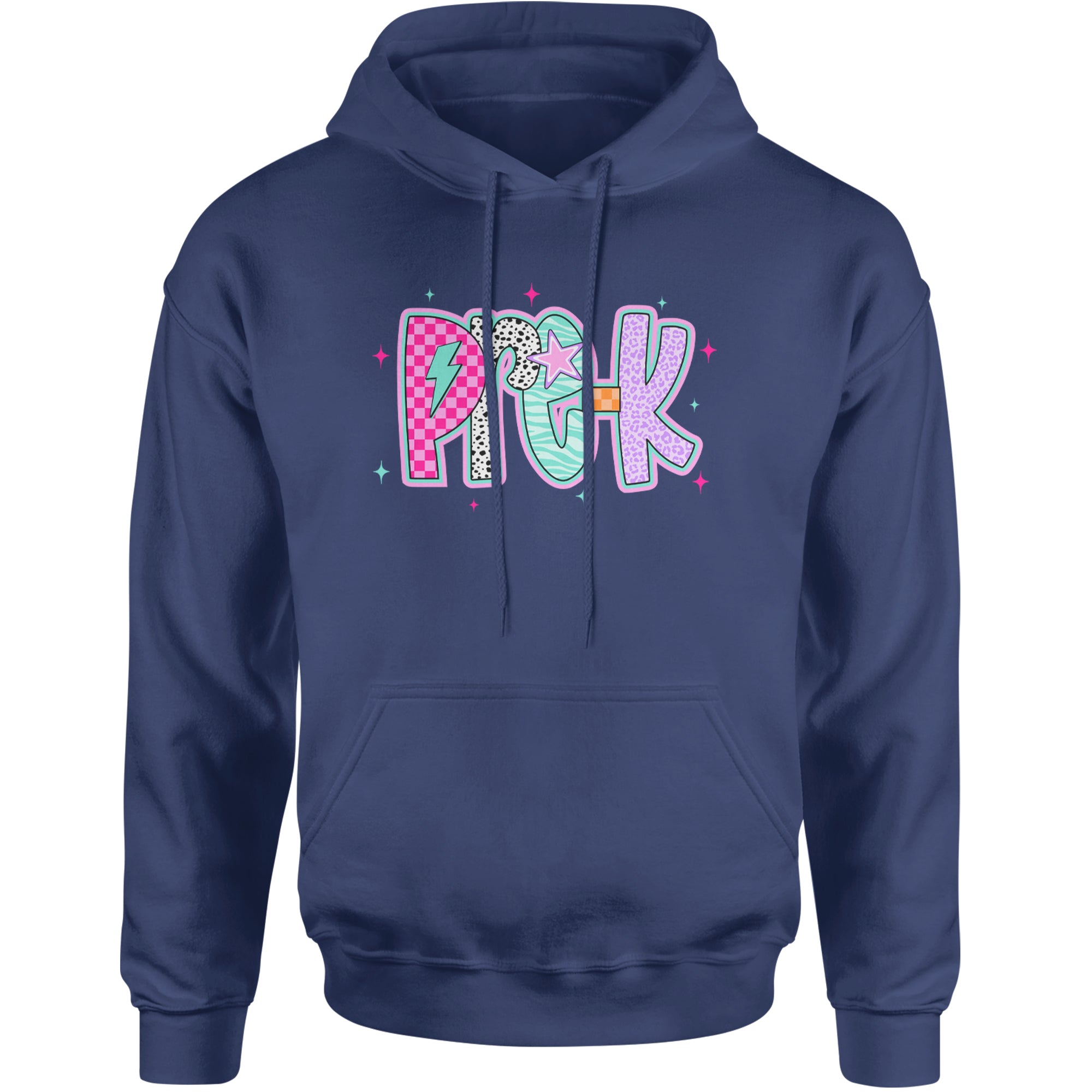 Pre-K Party Time Colorful Back to School Adult Hoodie Sweatshirt Navy Blue