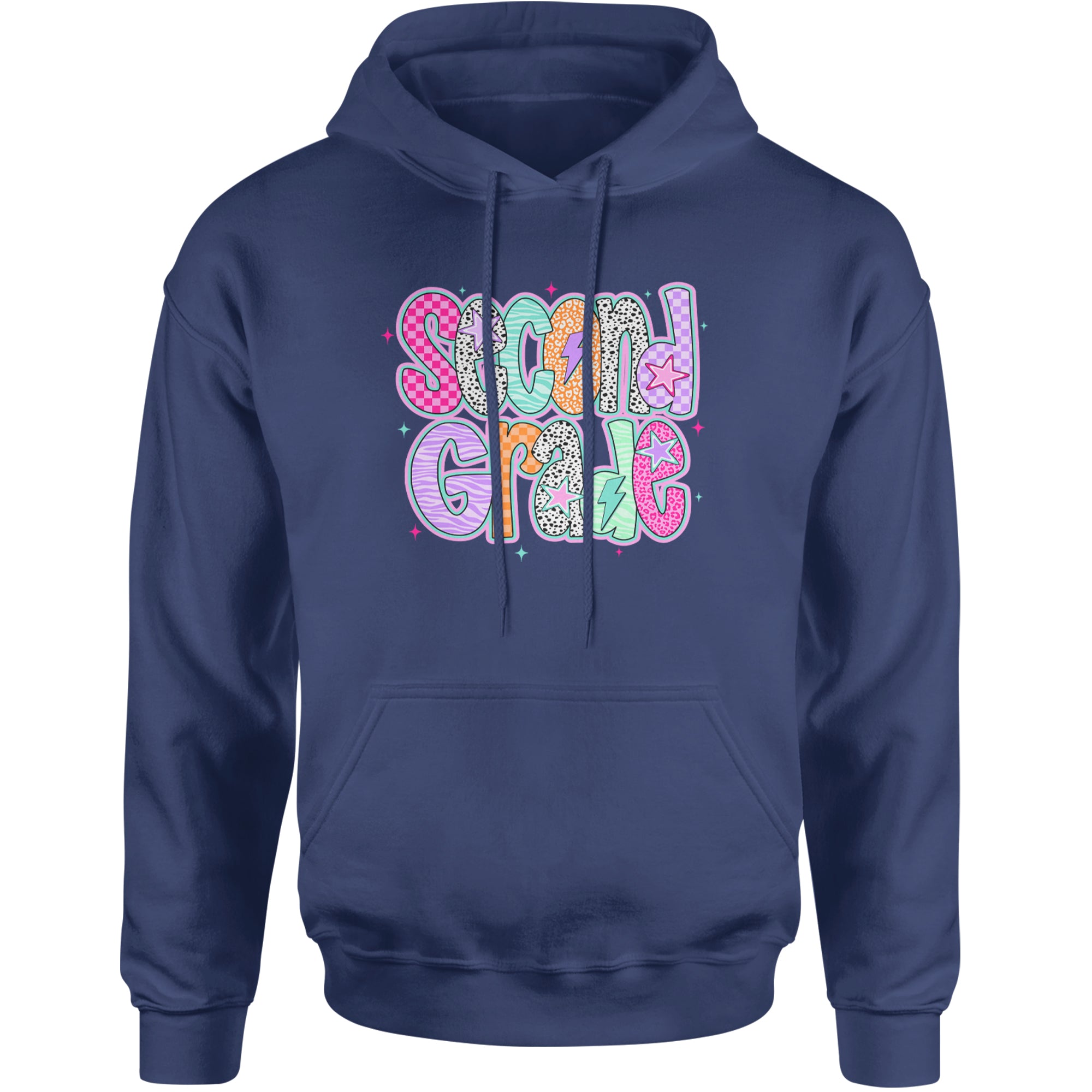 Second Grade Star Colorful Back to School Adult Hoodie Sweatshirt Navy Blue