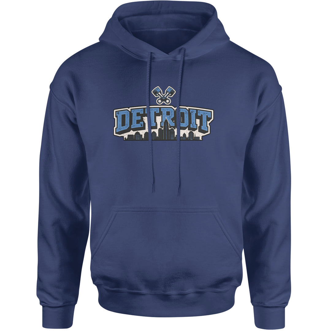 Detroit Motor City Retro Piston Adult Hoodie Sweatshirt Navy Blue