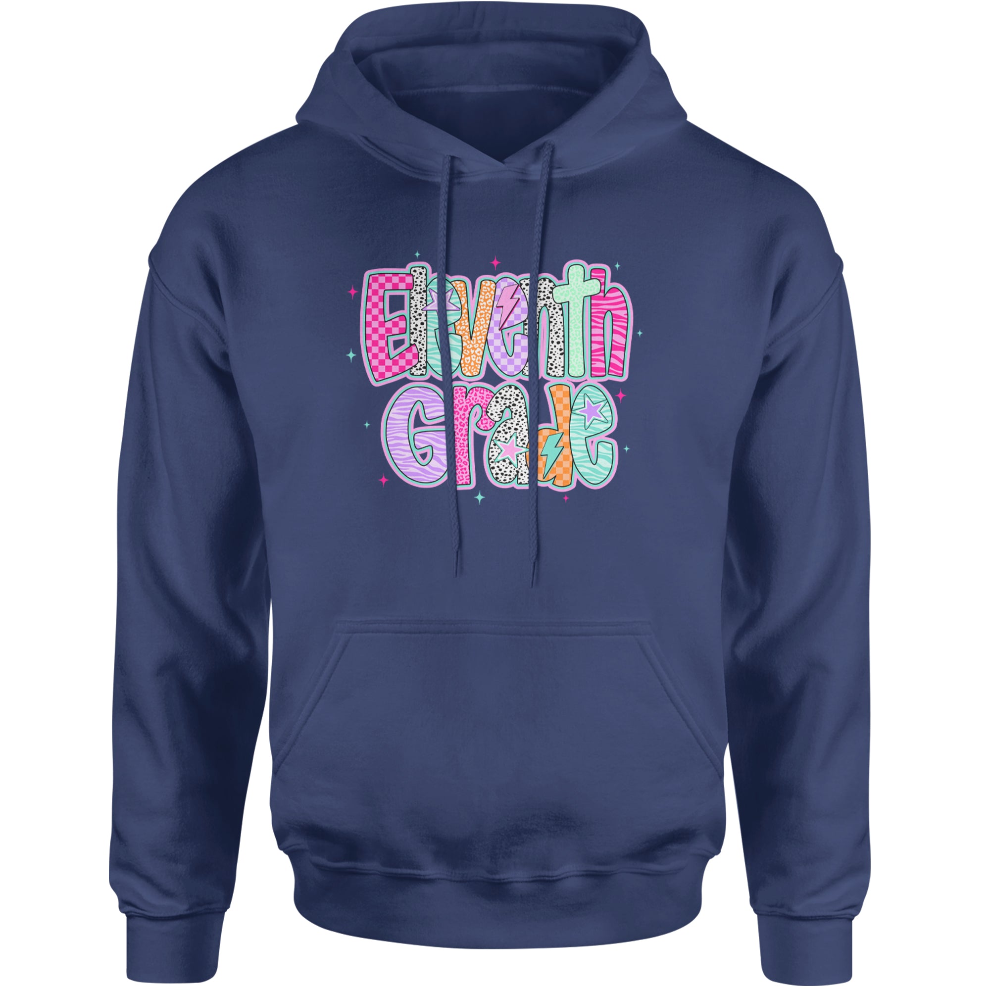 Eleventh Grade Extra Colorful Back to School Adult Hoodie Sweatshirt Navy Blue