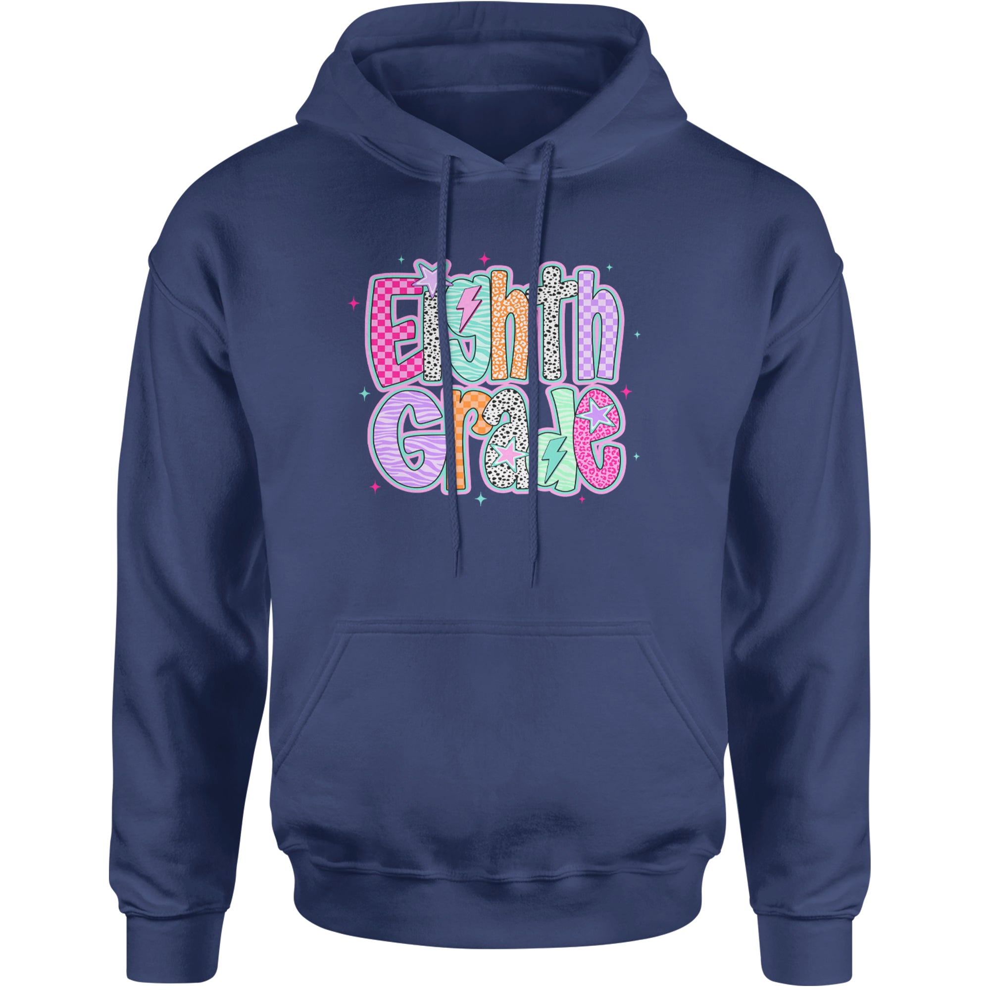 Eighth Grade Energy Colorful Back to School Adult Hoodie Sweatshirt Navy Blue