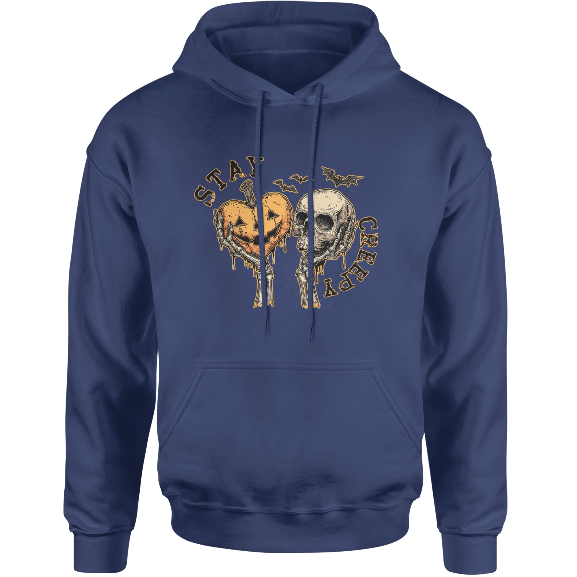 Stay Creepy Skull and Pumpkin Halloween Adult Hoodie Sweatshirt Navy Blue