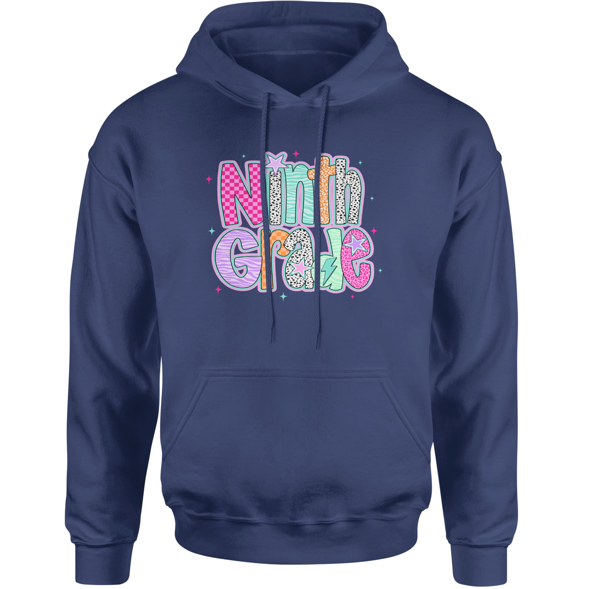 Ninth Grade Freshman Vibes Colorful Back to School Adult Hoodie Sweatshirt Navy Blue