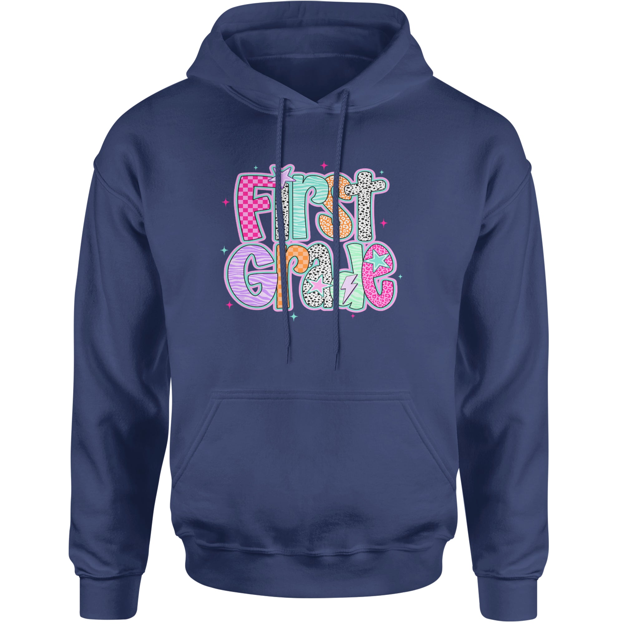 First Grade Vibes Colorful Back to School Adult Hoodie Sweatshirt Navy Blue