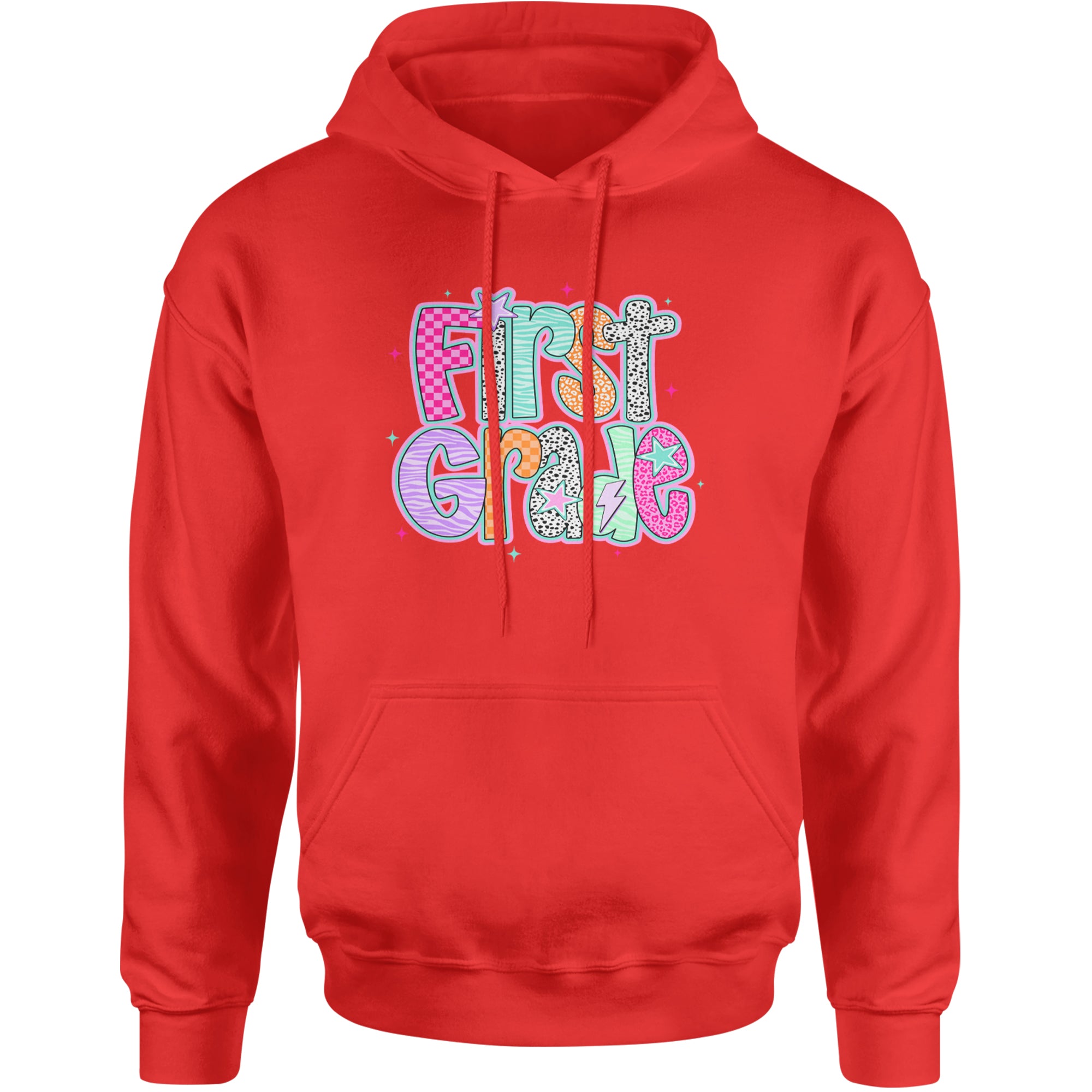First Grade Vibes Colorful Back to School Adult Hoodie Sweatshirt Red