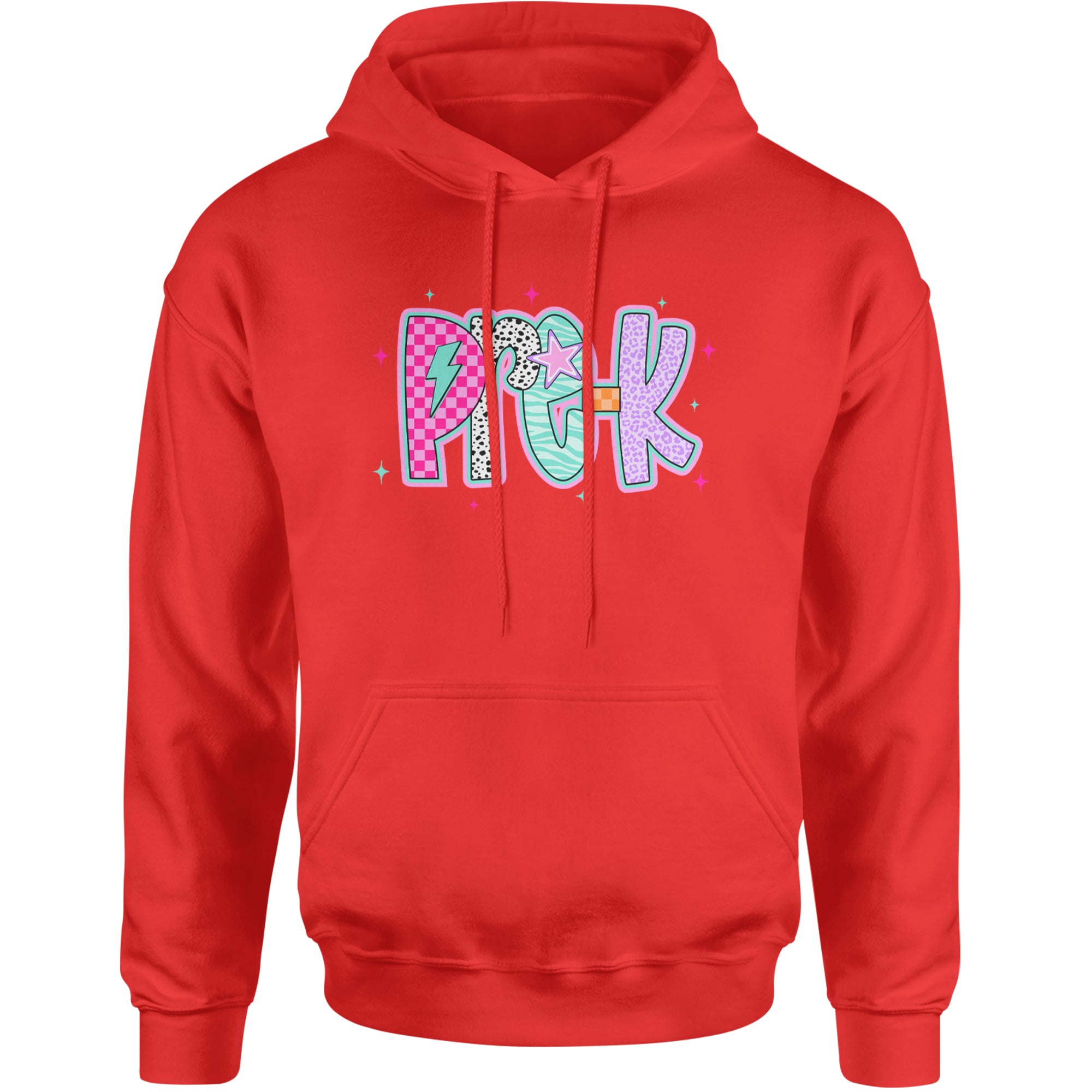 Pre-K Party Time Colorful Back to School Adult Hoodie Sweatshirt Red
