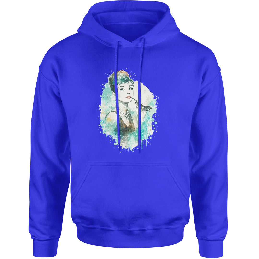 Mrs. Herpburn Iconic Watercolors Adult Hoodie Sweatshirt Royal Blue