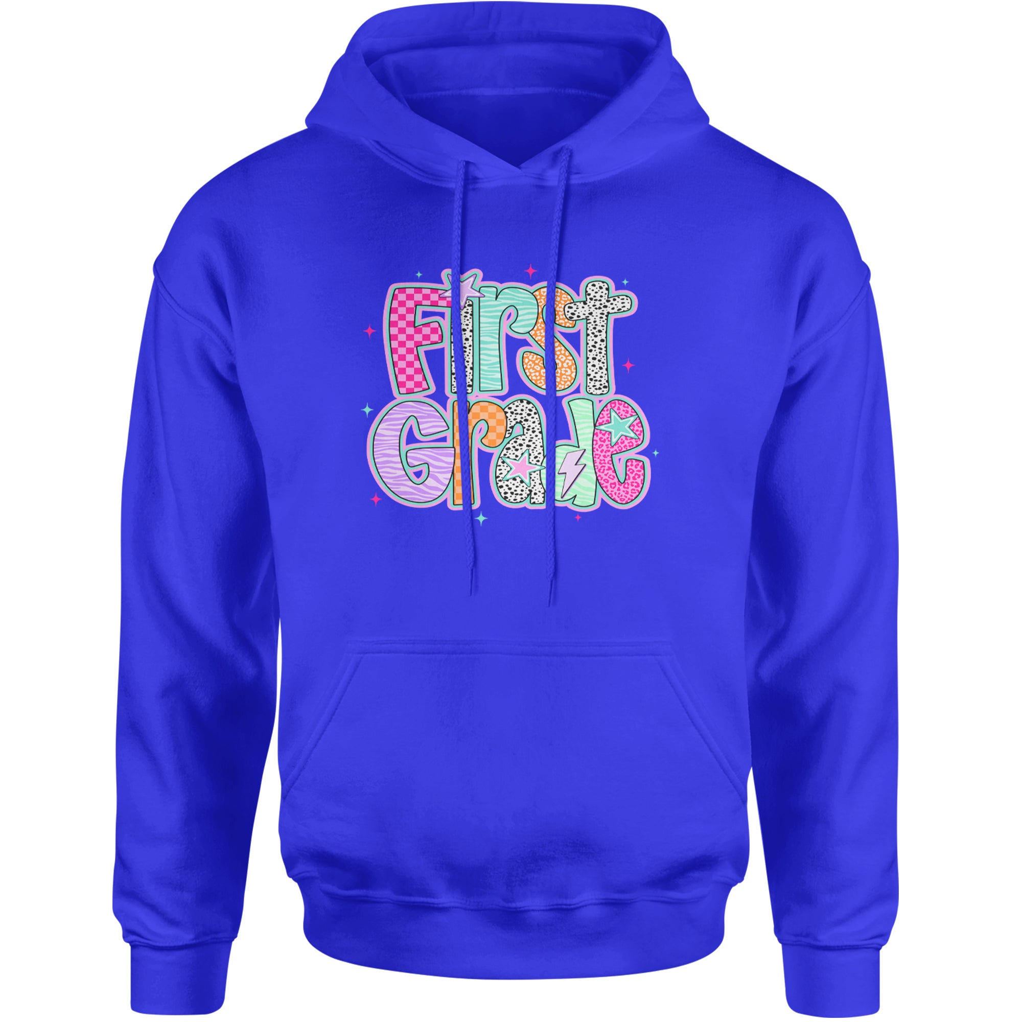 First Grade Vibes Colorful Back to School Adult Hoodie Sweatshirt Royal Blue