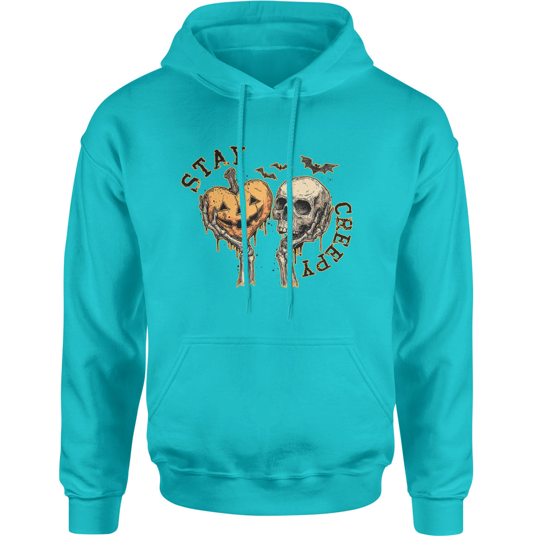 Stay Creepy Skull and Pumpkin Halloween Adult Hoodie Sweatshirt Teal