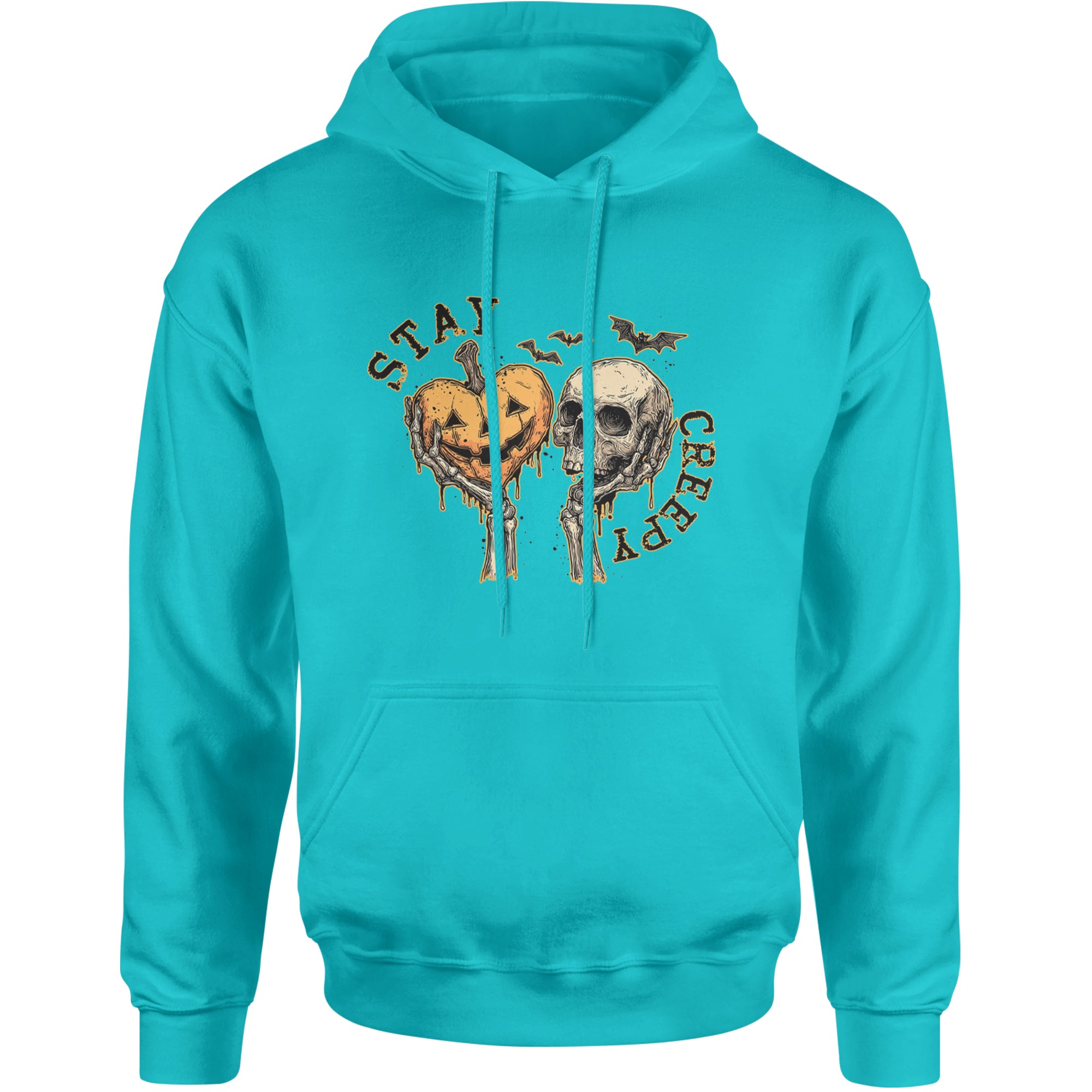 Stay Creepy Skull and Pumpkin Halloween Adult Hoodie Sweatshirt Teal