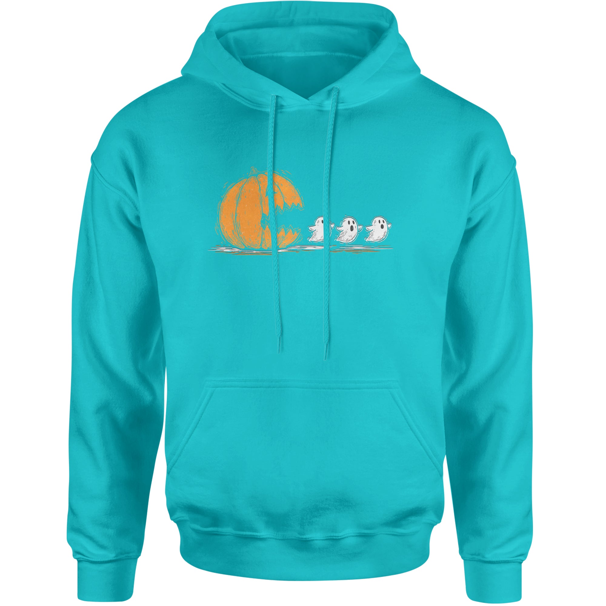 Pumpkin Pacman Chasing Ghosts Halloween Adult Hoodie Sweatshirt Teal