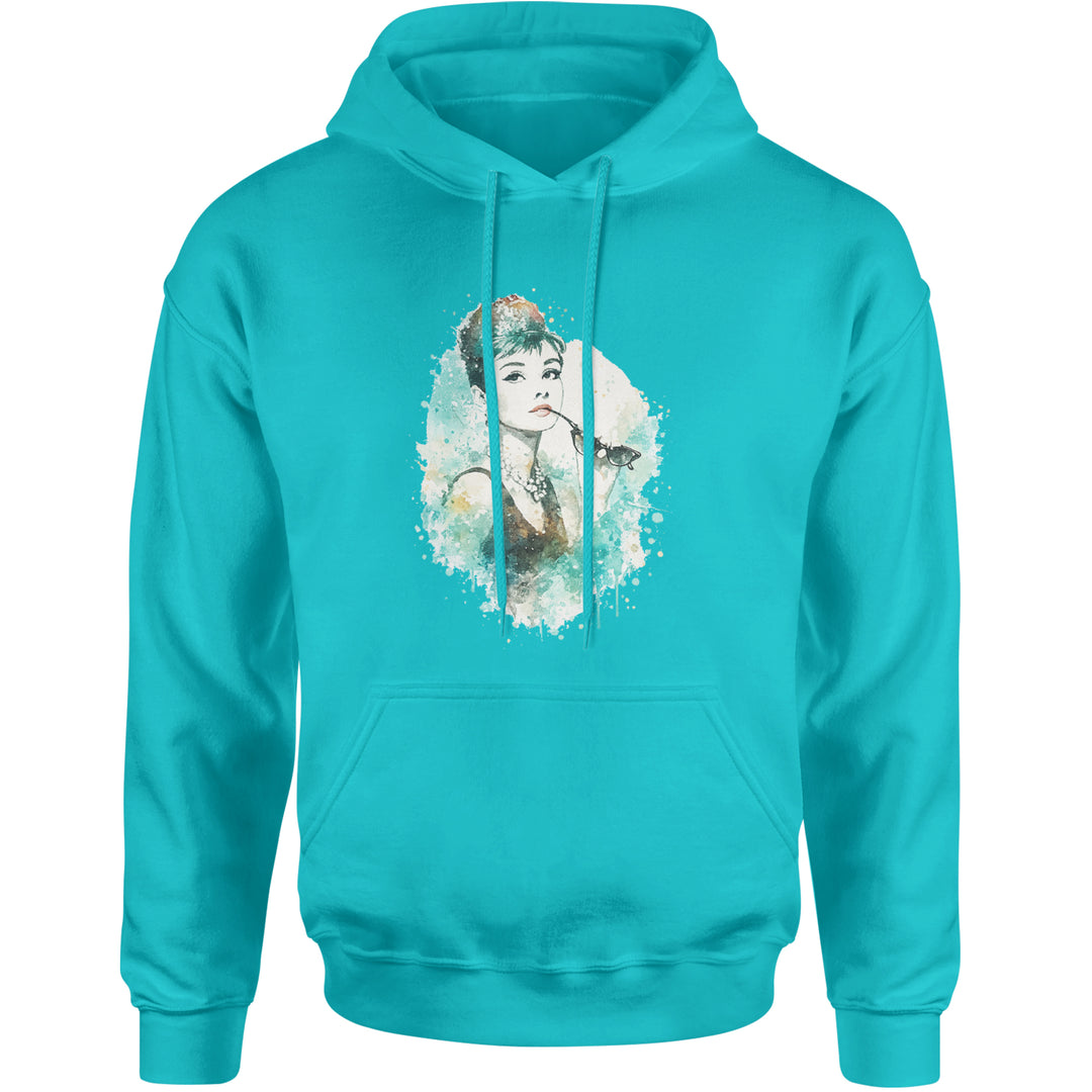 Mrs. Herpburn Iconic Watercolors Adult Hoodie Sweatshirt Teal