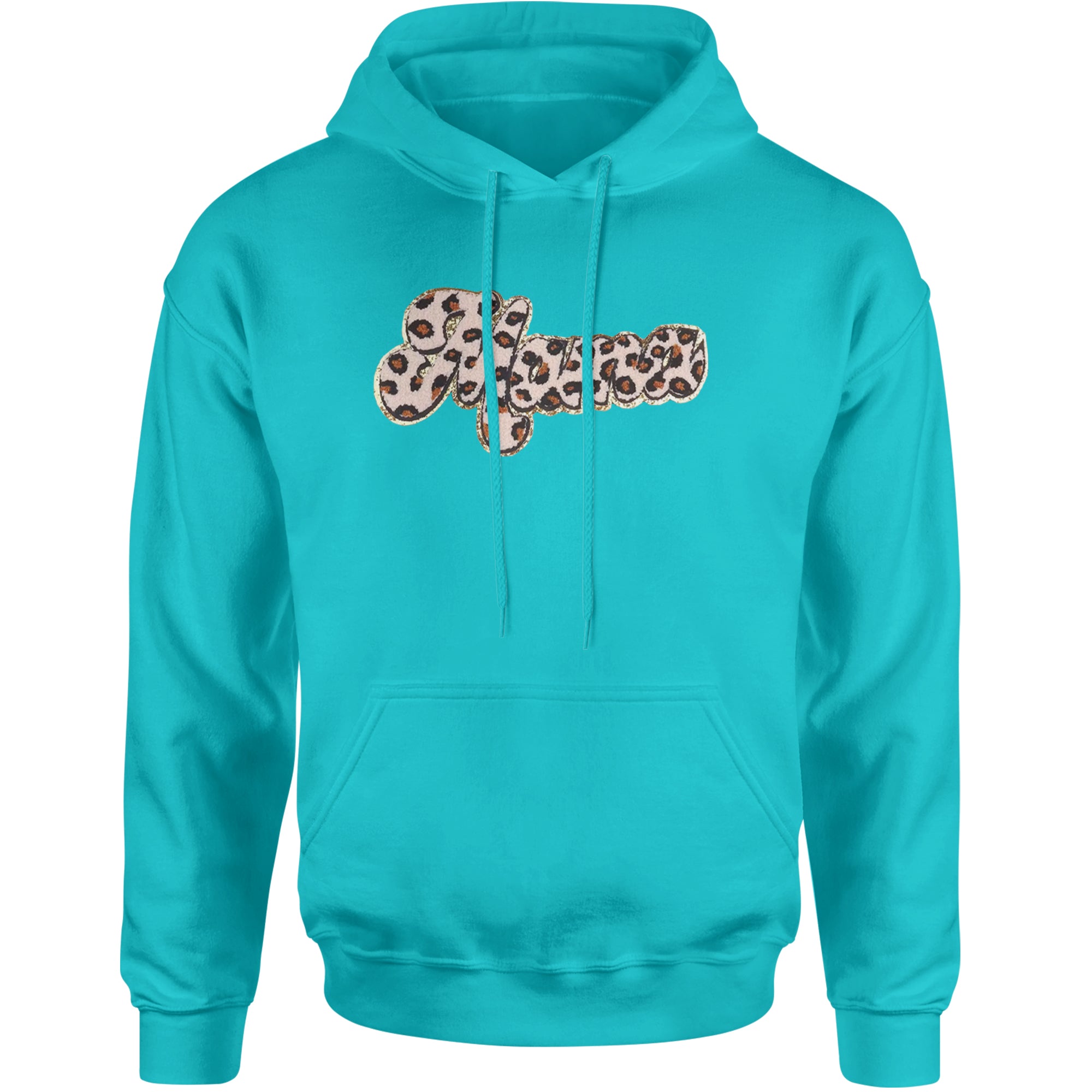 Mama Cheetah Print Glitter Chenille Patch Adult Hoodie Sweatshirt Teal