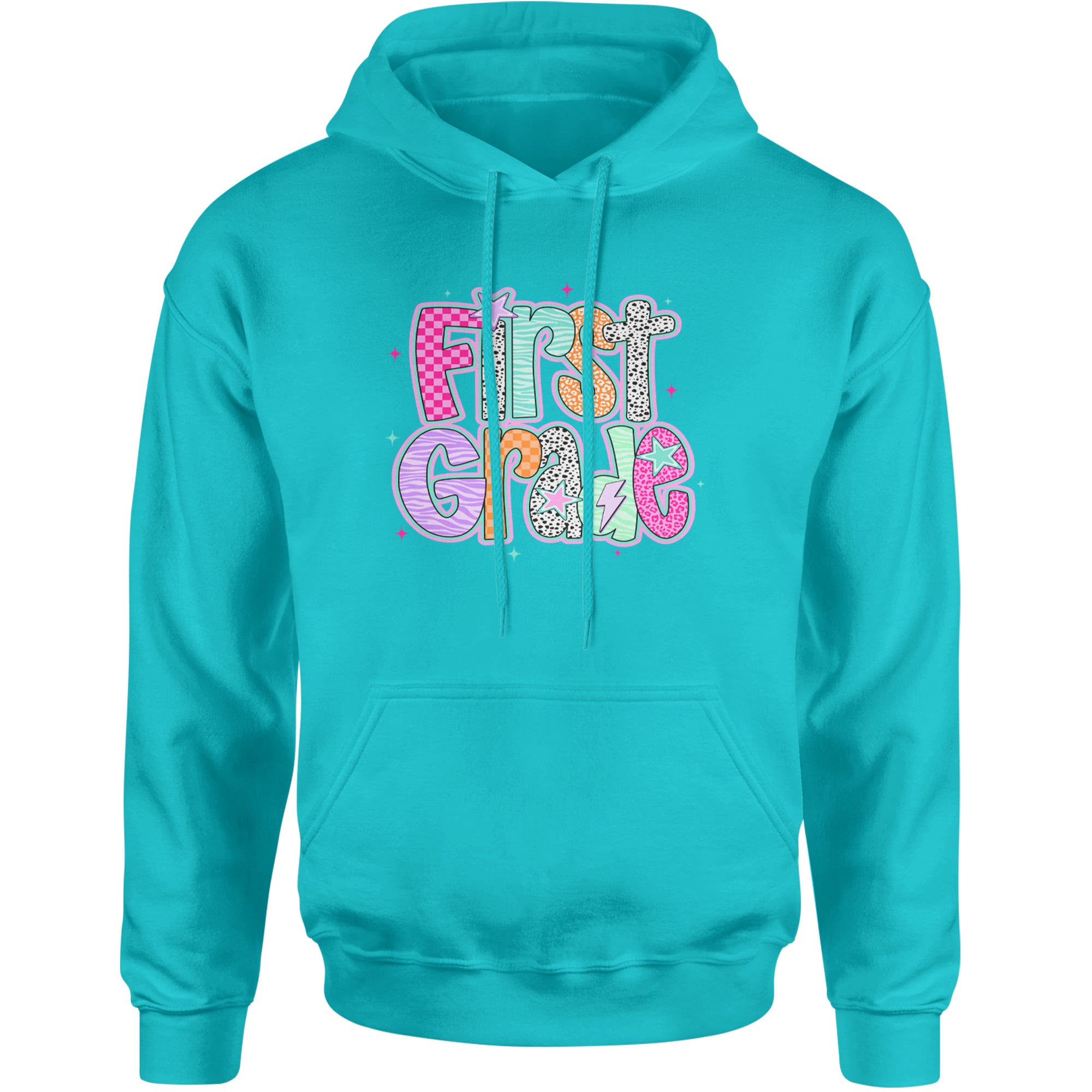 First Grade Vibes Colorful Back to School Adult Hoodie Sweatshirt Teal