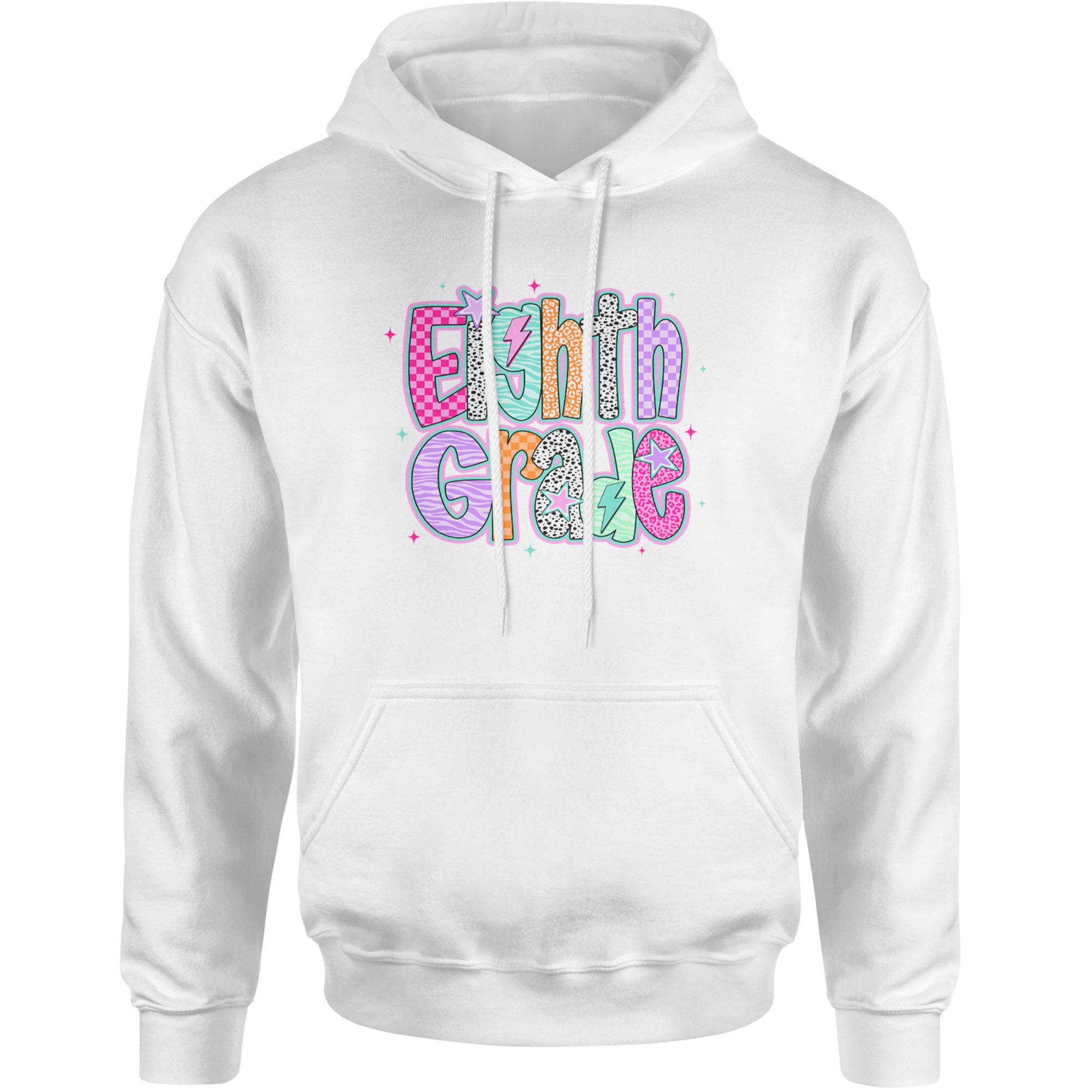 Eighth Grade Energy Colorful Back to School Adult Hoodie Sweatshirt White