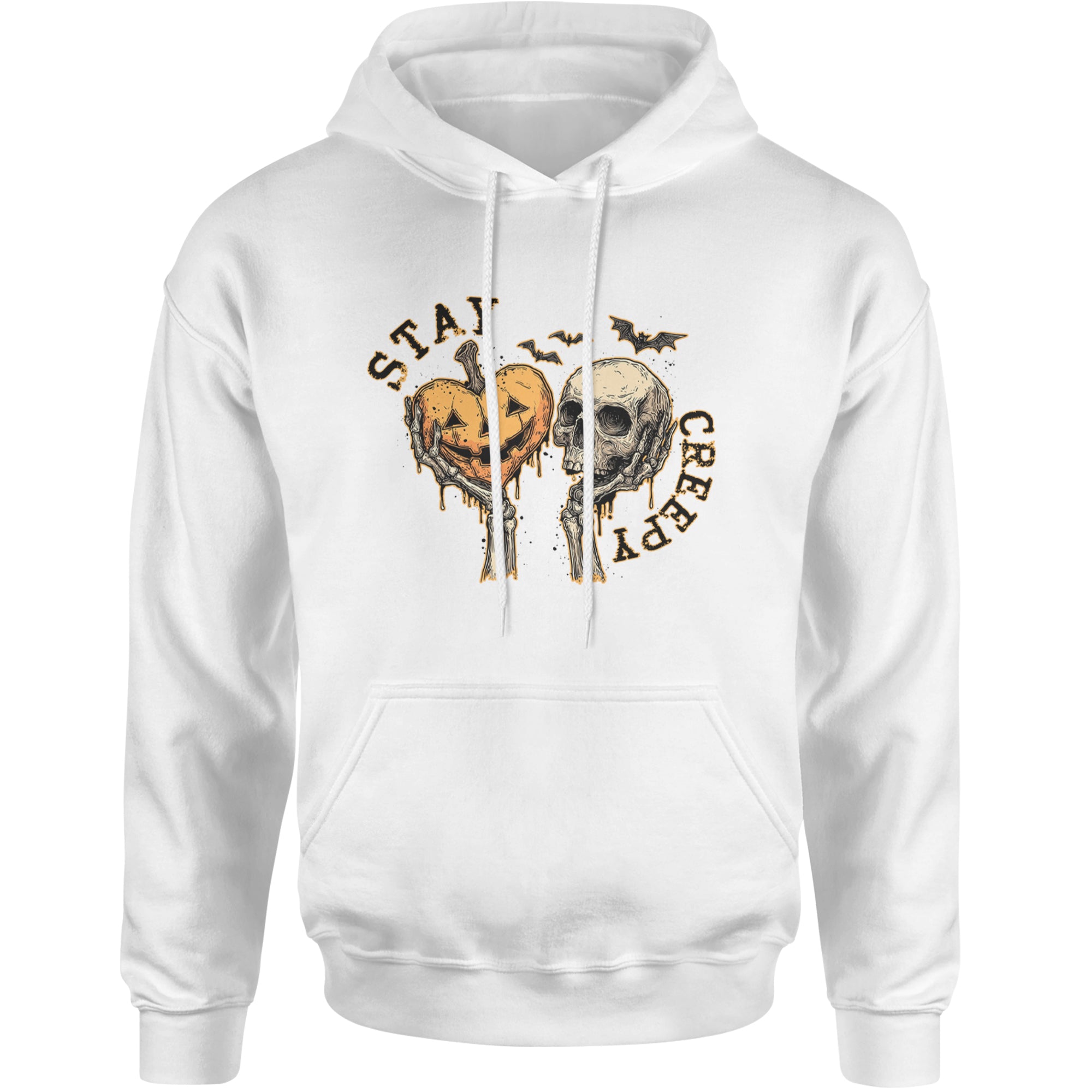 Stay Creepy Skull and Pumpkin Halloween Adult Hoodie Sweatshirt White