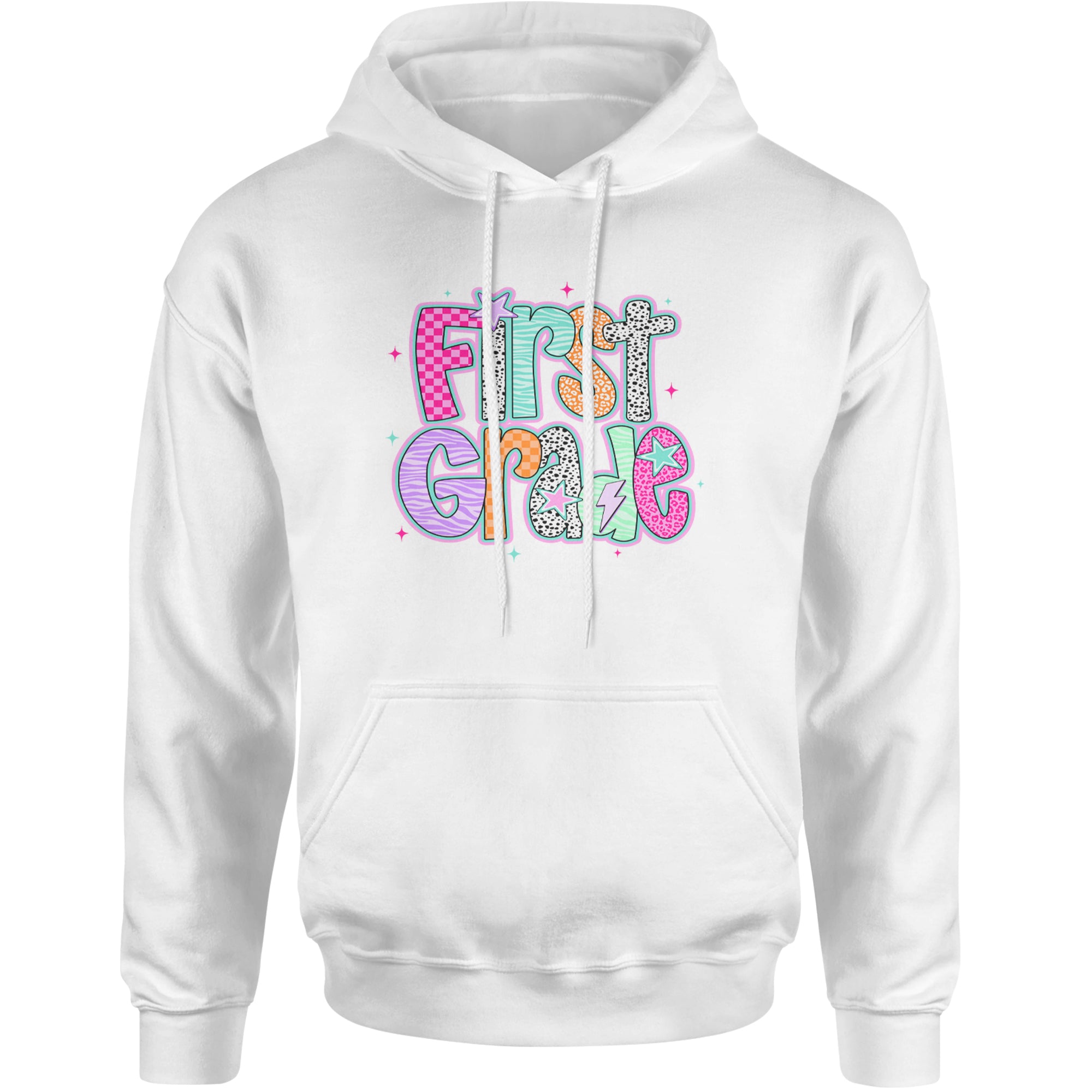First Grade Vibes Colorful Back to School Adult Hoodie Sweatshirt White