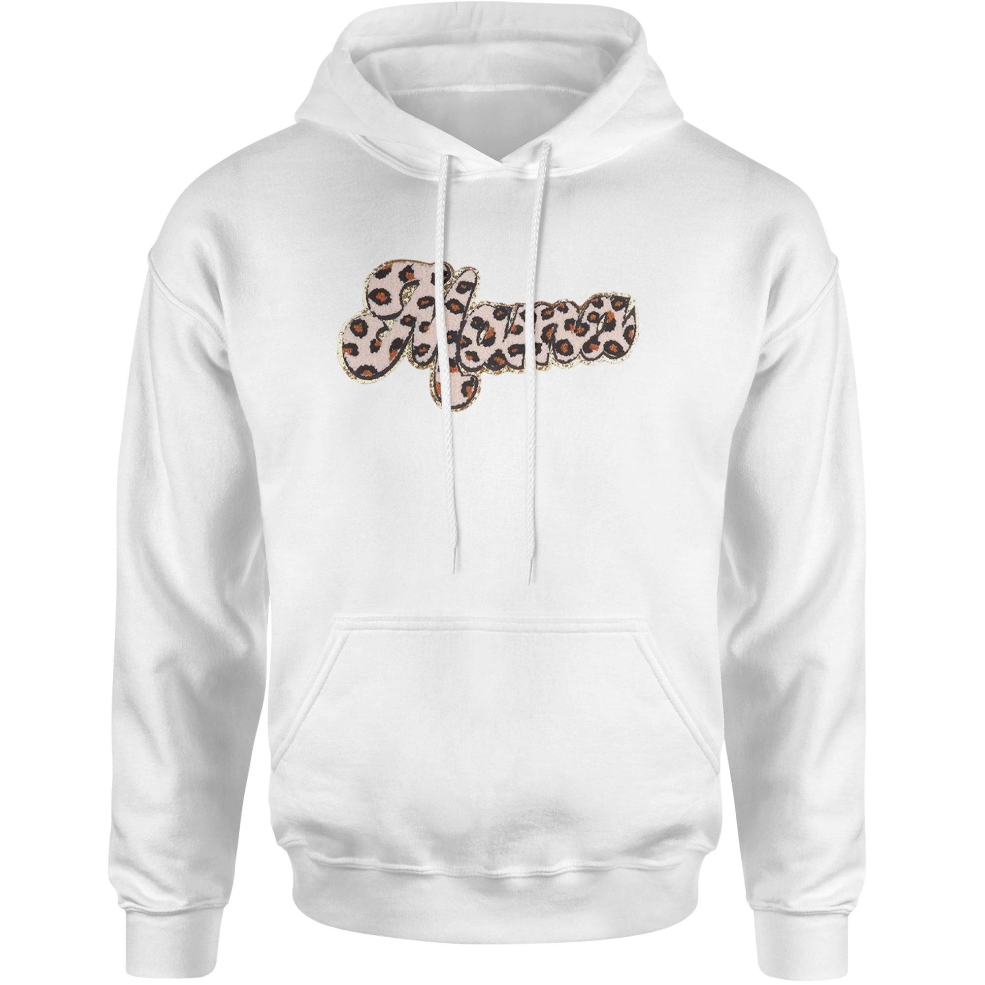 Mama Cheetah Print Glitter Chenille Patch Adult Hoodie Sweatshirt White