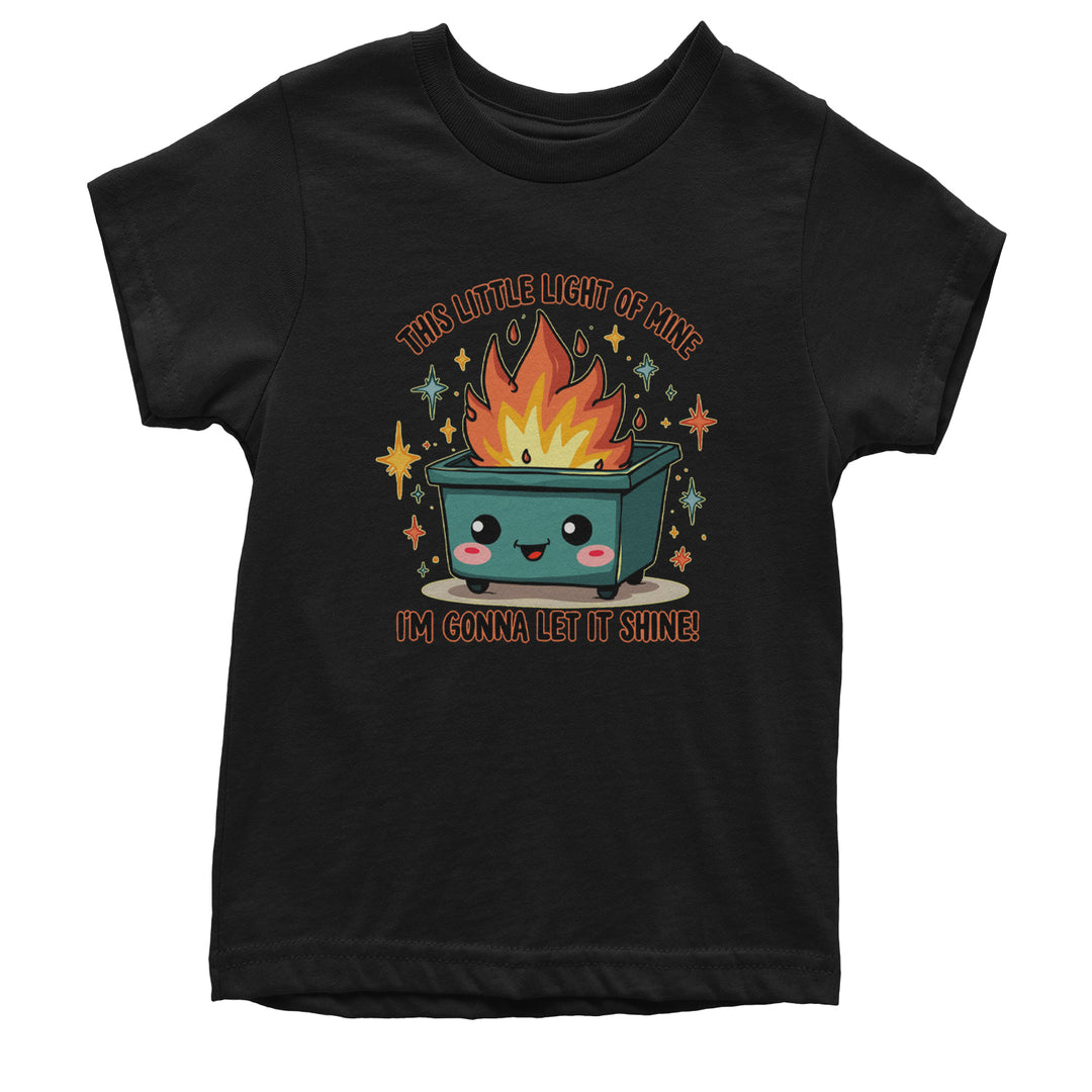 Kids' Heavyweight Cotton T-Shirt featuring a smiling dumpster on fire with upbeat "let it shine" style text