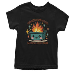 Kids' Heavyweight Cotton T-Shirt featuring a smiling dumpster on fire with upbeat "let it shine" style text